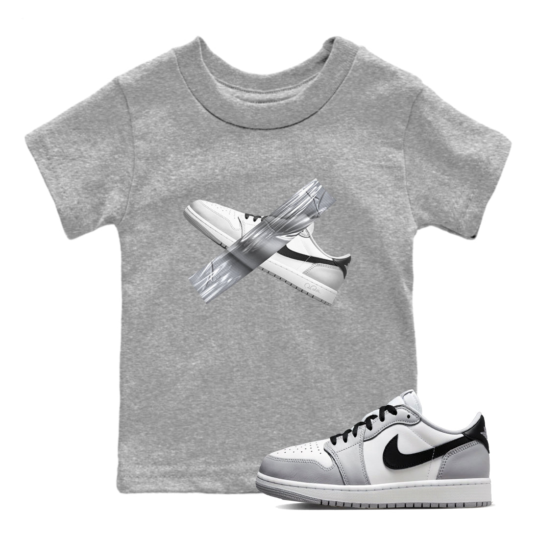 1s Wolf Grey shirts to match jordans Duct Tape sneaker match tees Air Jordan 1 Wolf Grey SNRT Sneaker Tees streetwear brand Baby and Youth Heather Grey 1 cotton tee