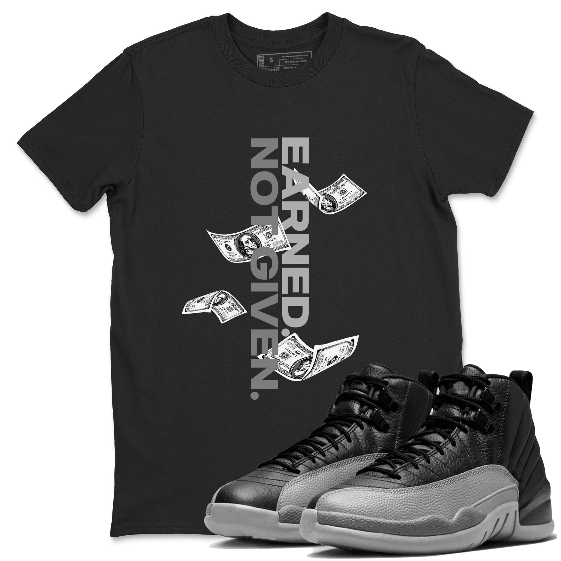 12s Black Wolf Grey shirts to match jordans Earned Not Given sneaker match tees Air Jordan 12 Barons SNRT Sneaker Release Tees unisex cotton Black 1 crew neck shirts