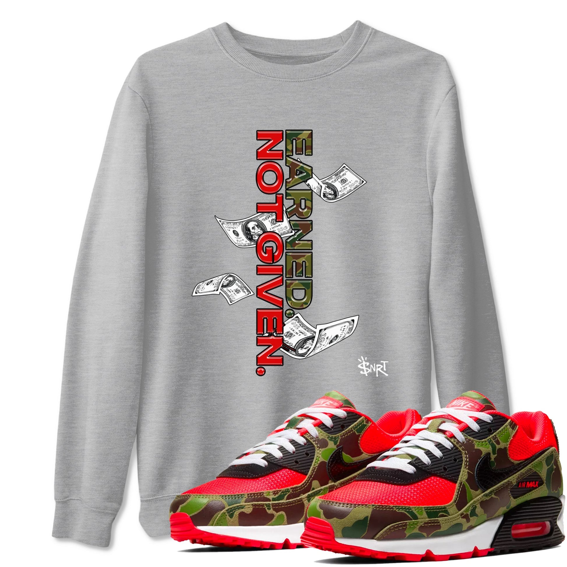 Air Max 90 Duck Camo shirts to match jordans Earned Not Given sneaker match tees Air Max 90 Reverse Duck Camo match shoes to clothes SNRT Sneaker Tees unisex cotton Heather Grey 1 shirts