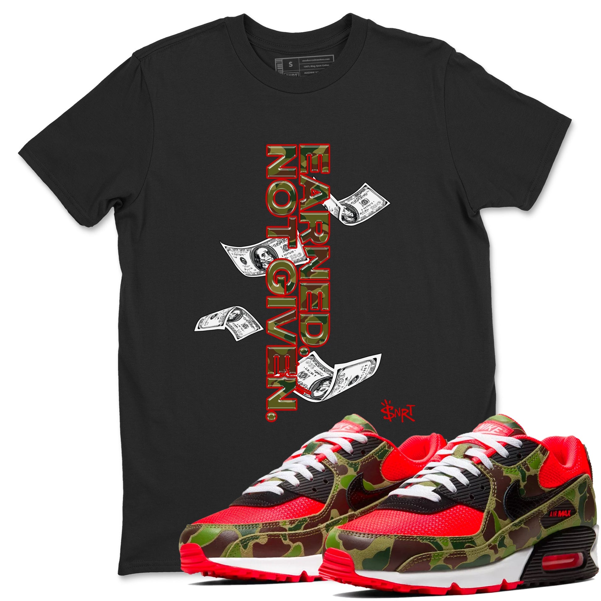 Air Max 90 Duck Camo shirts to match jordans Earned Not Given sneaker match tees Air Max 90 Reverse Duck Camo match shoes to clothes SNRT Sneaker Tees unisex cotton Black 1 shirts
