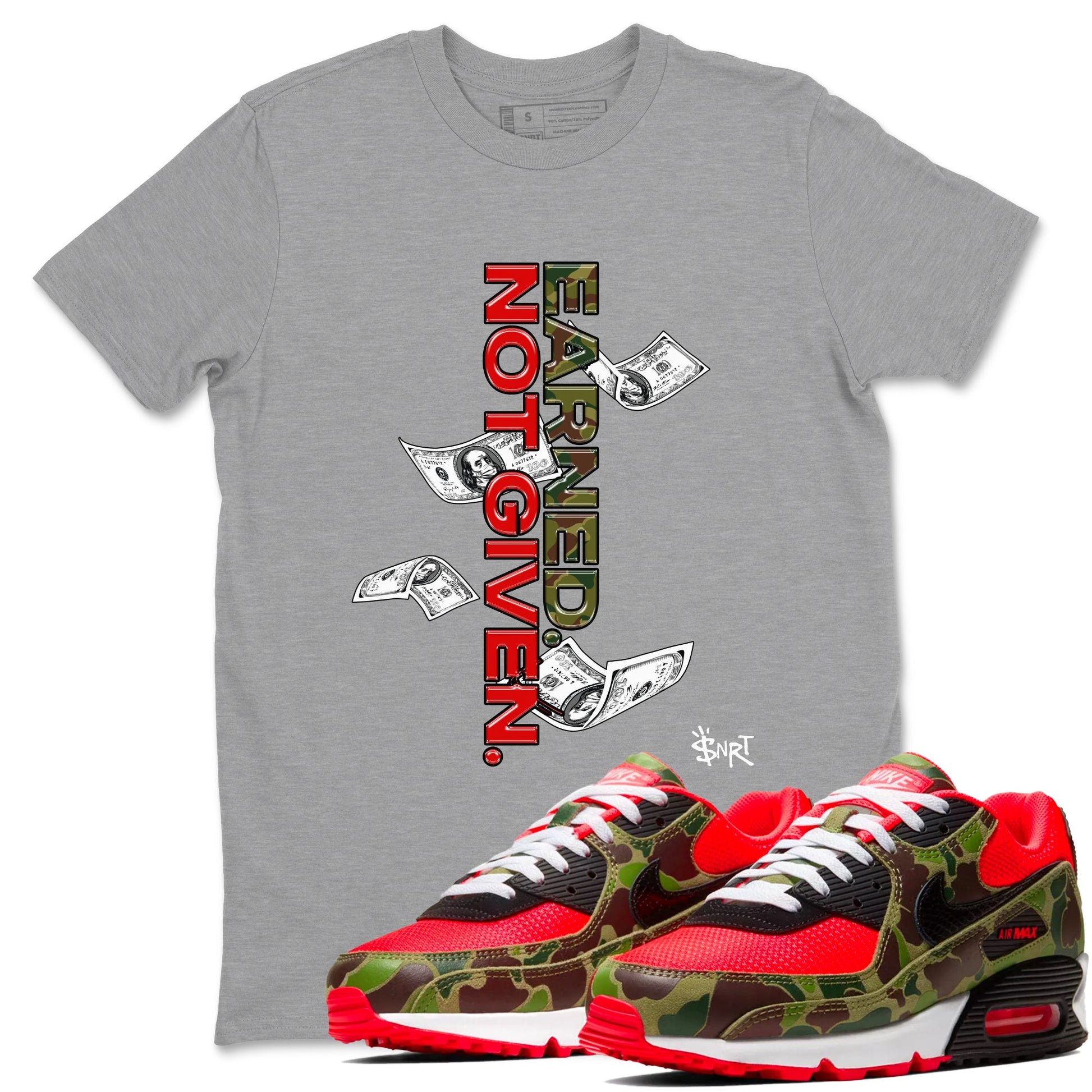 Air Max 90 Duck Camo shirts to match jordans Earned Not Given sneaker match tees Air Max 90 Reverse Duck Camo match shoes to clothes SNRT Sneaker Tees unisex cotton Heather Grey 1 shirts