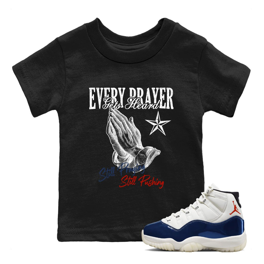 Sneaker match tees – Sneaker Tees To Match Air Jordan 11 Rare Air Shoes – Every Prayer Gets Heard Kids T-Shirt Black 1