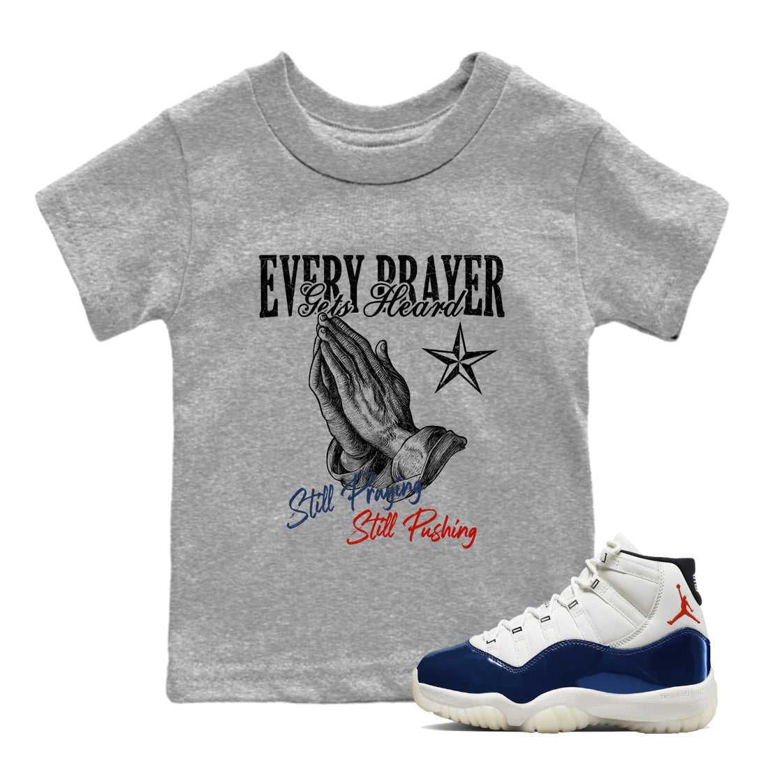 Sneaker match tees – Sneaker Tees To Match Air Jordan 11 Rare Air Shoes – Every Prayer Gets Heard Kids T-Shirt Heather Grey 1