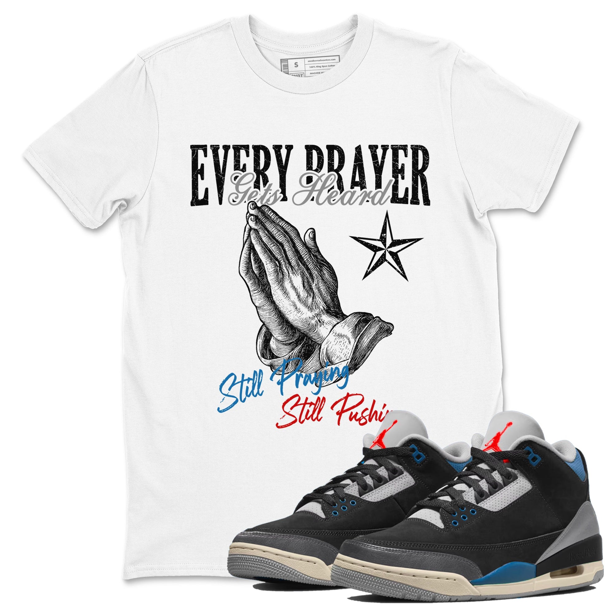 Every Prayer Gets Heard sneaker match t-shirt styled to complete your fit with the Air Jordan 3 Rare Air sneakers, shown in White 1.
