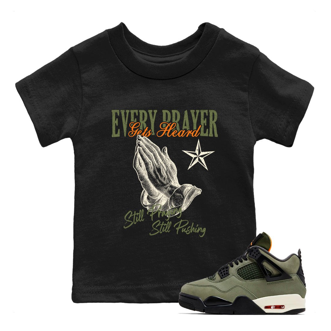 Sneaker match tees – Sneaker Tees To Match Undefeated inspired colorways Air Jordan 4 OG Olive Shoes – Every Prayer Gets Heard Kids T-Shirt Black 1