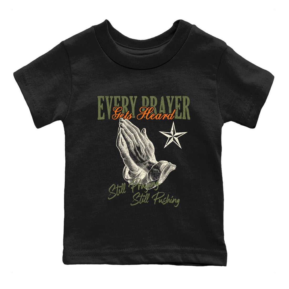 Sneaker match tees – Sneaker Tees To Match Undefeated inspired colorways Air Jordan 4 OG Olive Shoes – Every Prayer Gets Heard Kids T-Shirt Black 2