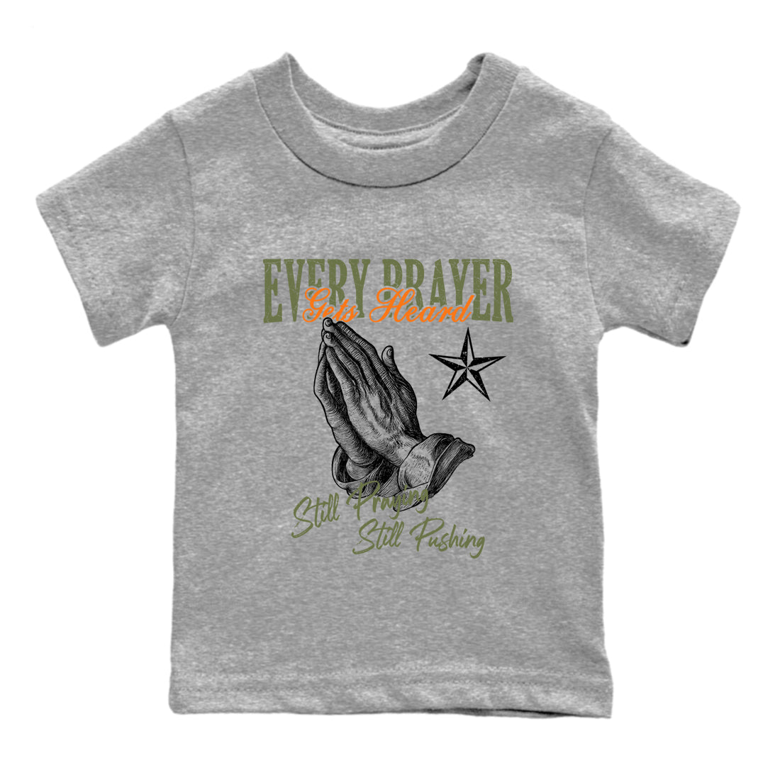 Sneaker match tees – Sneaker Tees To Match Undefeated inspired colorways Air Jordan 4 OG Olive Shoes – Every Prayer Gets Heard Kids T-Shirt Heather Grey 2