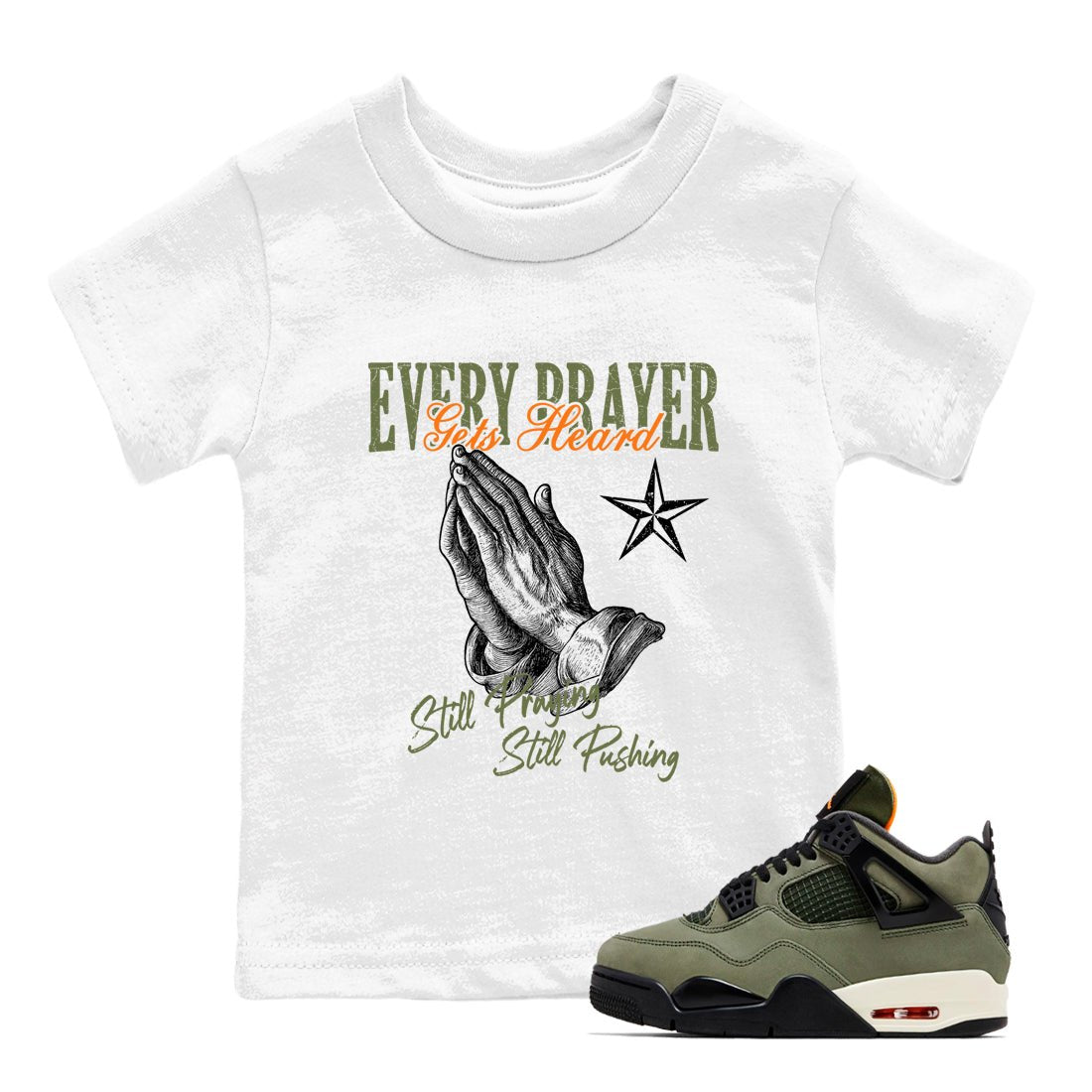 Sneaker match tees – Sneaker Tees To Match Undefeated inspired colorways Air Jordan 4 OG Olive Shoes – Every Prayer Gets Heard Kids T-Shirt White 1