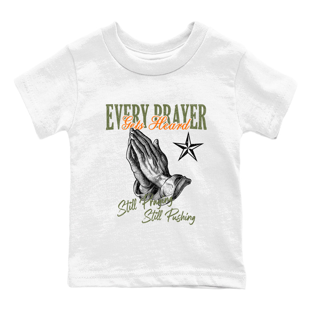 Sneaker match tees – Sneaker Tees To Match Undefeated inspired colorways Air Jordan 4 OG Olive Shoes – Every Prayer Gets Heard Kids T-Shirt White 2