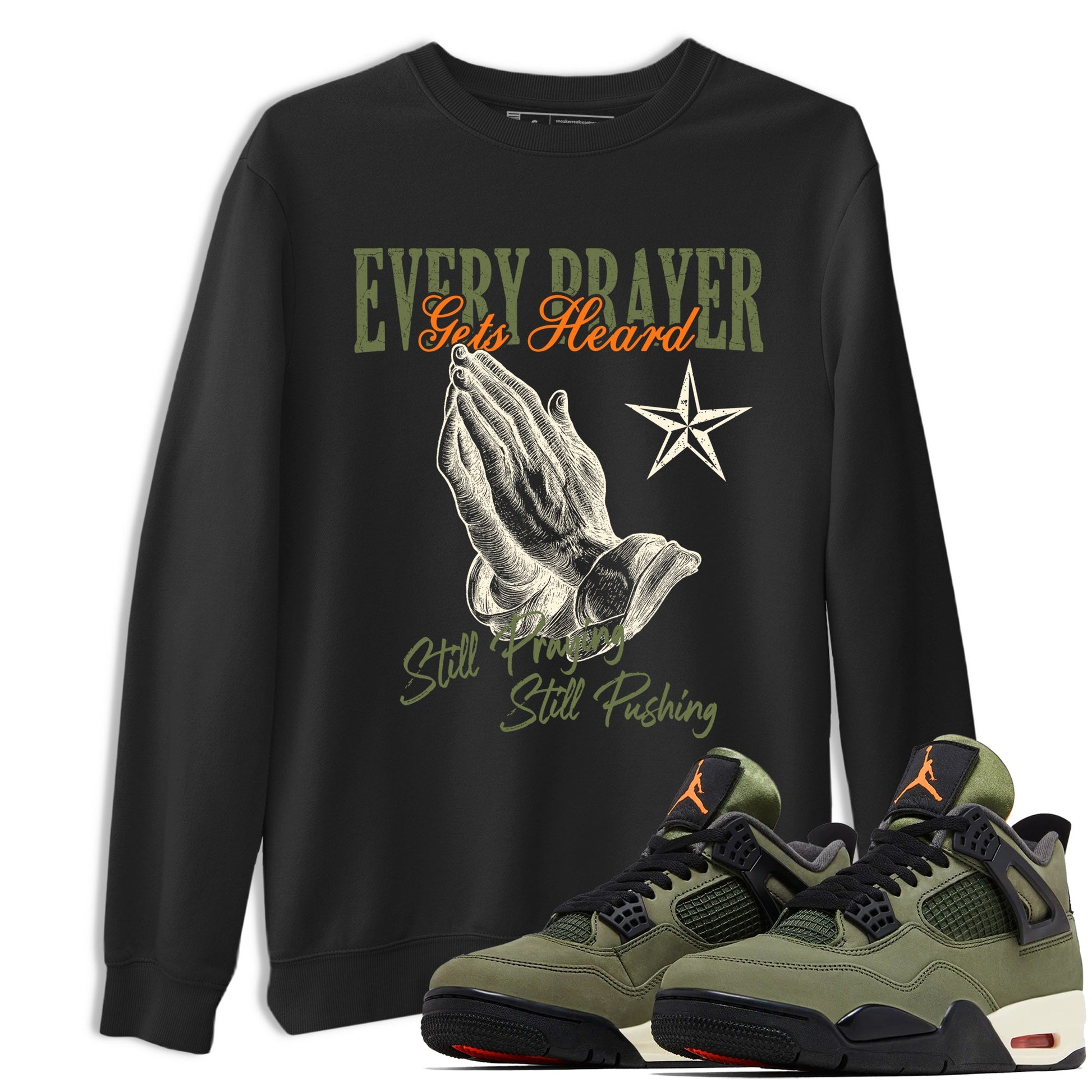 Sneaker match tees – Sneaker Tees To Match Undefeated inspired colorways Air Jordan 4 OG Olive Shoes – Every Prayer Gets Heard Tee Black 1