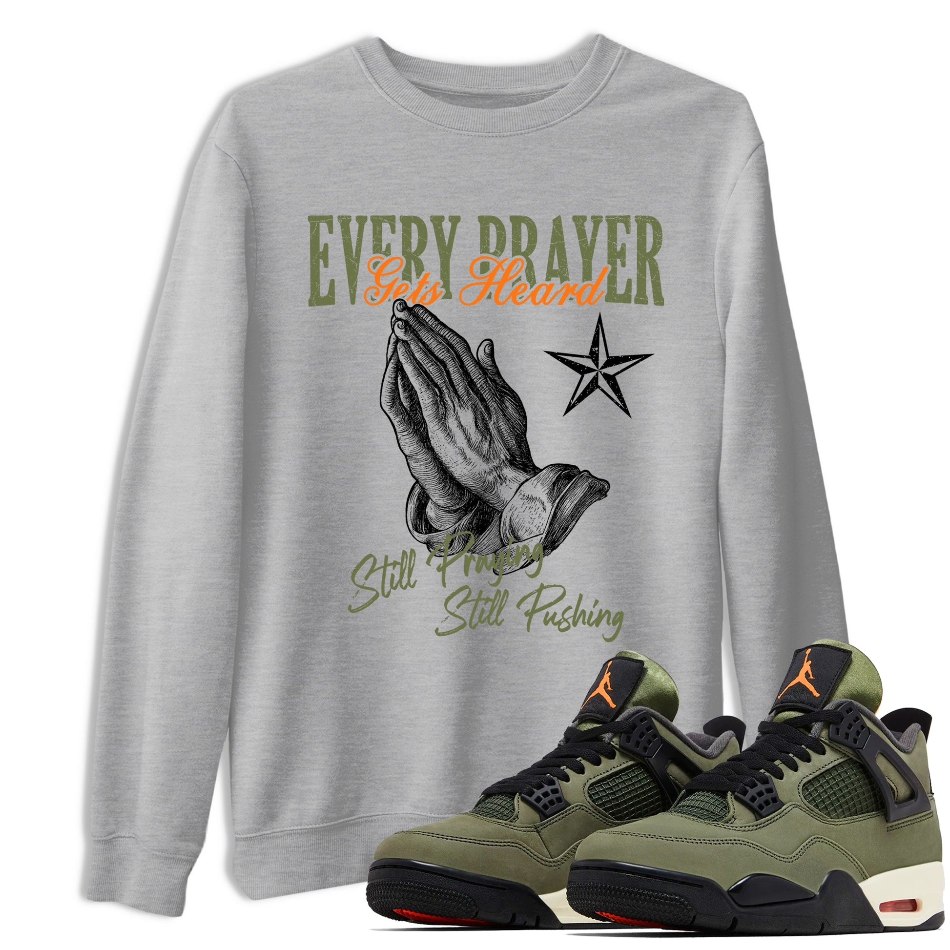 Sneaker match tees – Sneaker Tees To Match Undefeated inspired colorways Air Jordan 4 OG Olive Shoes – Every Prayer Gets Heard Tee Heather Grey 1