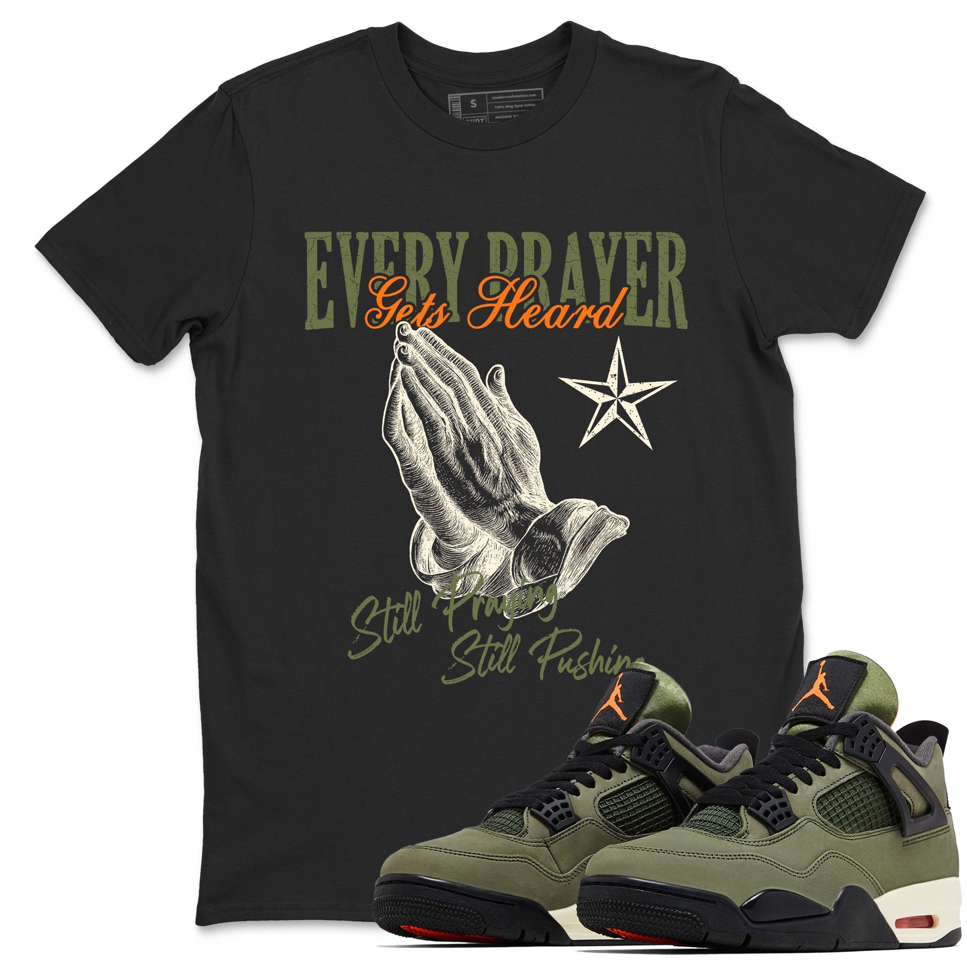 Sneaker match tees – Sneaker Tees To Match Undefeated inspired colorways Air Jordan 4 OG Olive Shoes – Every Prayer Gets Heard Tee Black 1