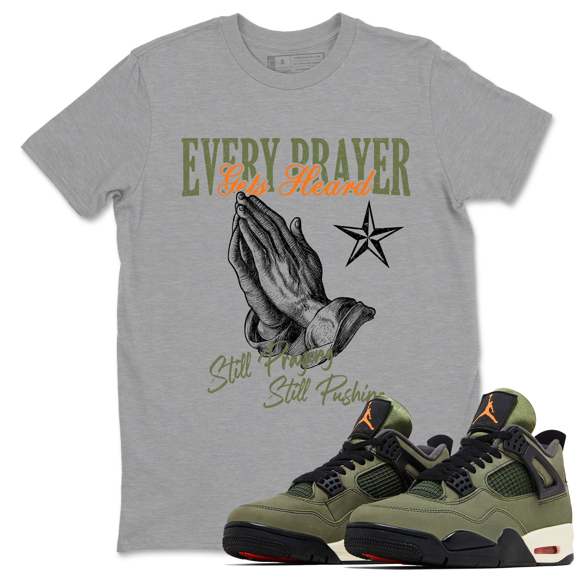 Sneaker match tees – Sneaker Tees To Match Undefeated inspired colorways Air Jordan 4 OG Olive Shoes – Every Prayer Gets Heard Tee Heather Grey 1