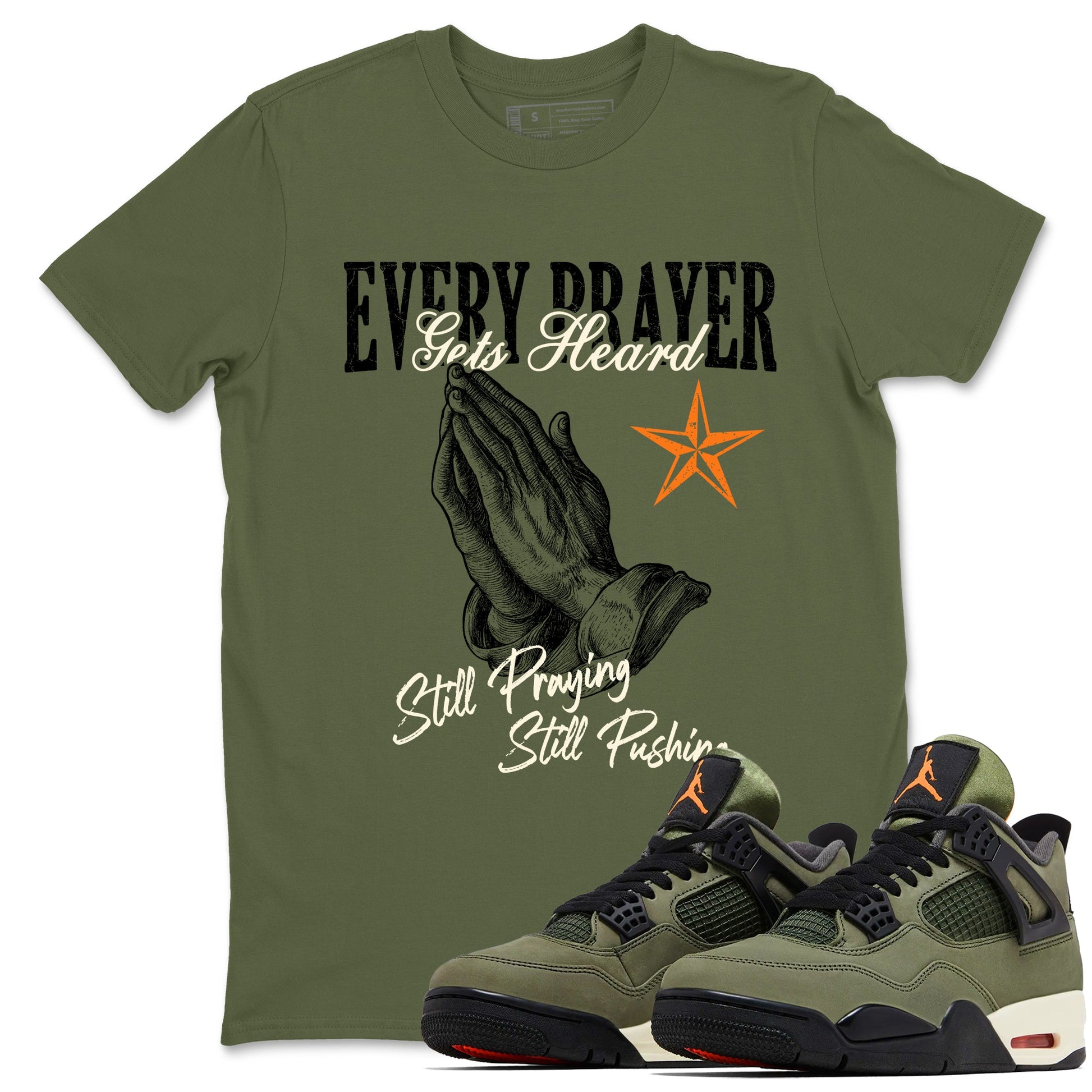 Sneaker match tees – Sneaker Tees To Match Undefeated inspired colorways Air Jordan 4 OG Olive Shoes – Every Prayer Gets Heard Tee Military Green 1