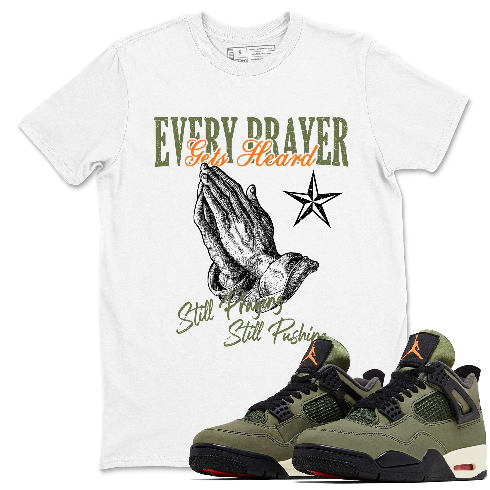Sneaker match tees – Sneaker Tees To Match Undefeated inspired colorways Air Jordan 4 OG Olive Shoes – Every Prayer Gets Heard Tee White 1