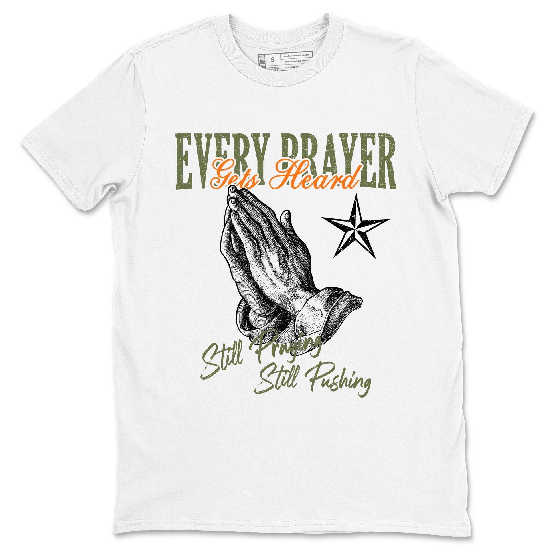 Sneaker match tees – Sneaker Tees To Match Undefeated inspired colorways Air Jordan 4 OG Olive Shoes – Every Prayer Gets Heard Tee White 2