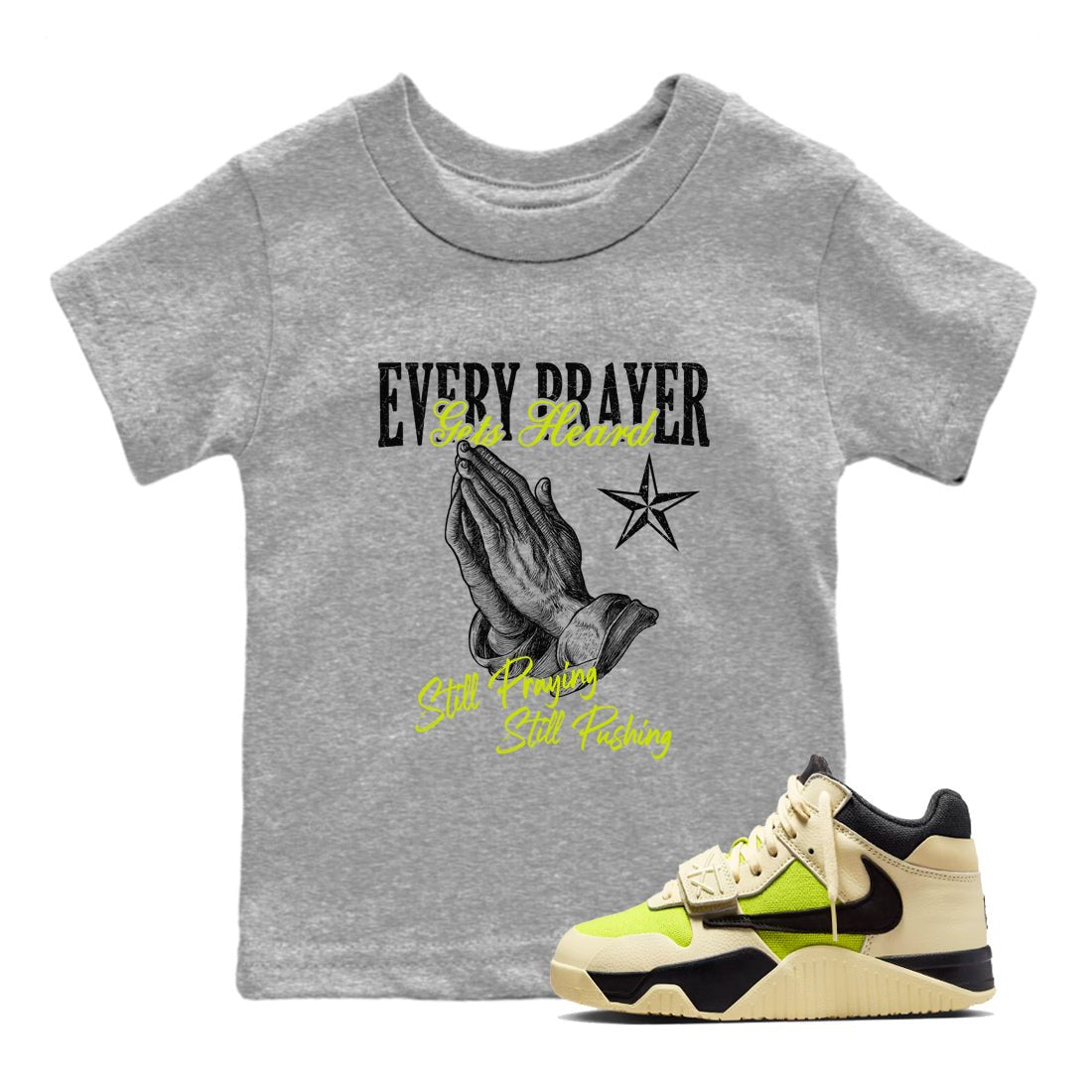 Every Prayer Gets Heard baby and kids t-shirt crafted for little sneakerheads to shine with the Jordan Jumpman Jack Travis Scott Bright Cactus sneakers, displayed in Heather Grey 1.