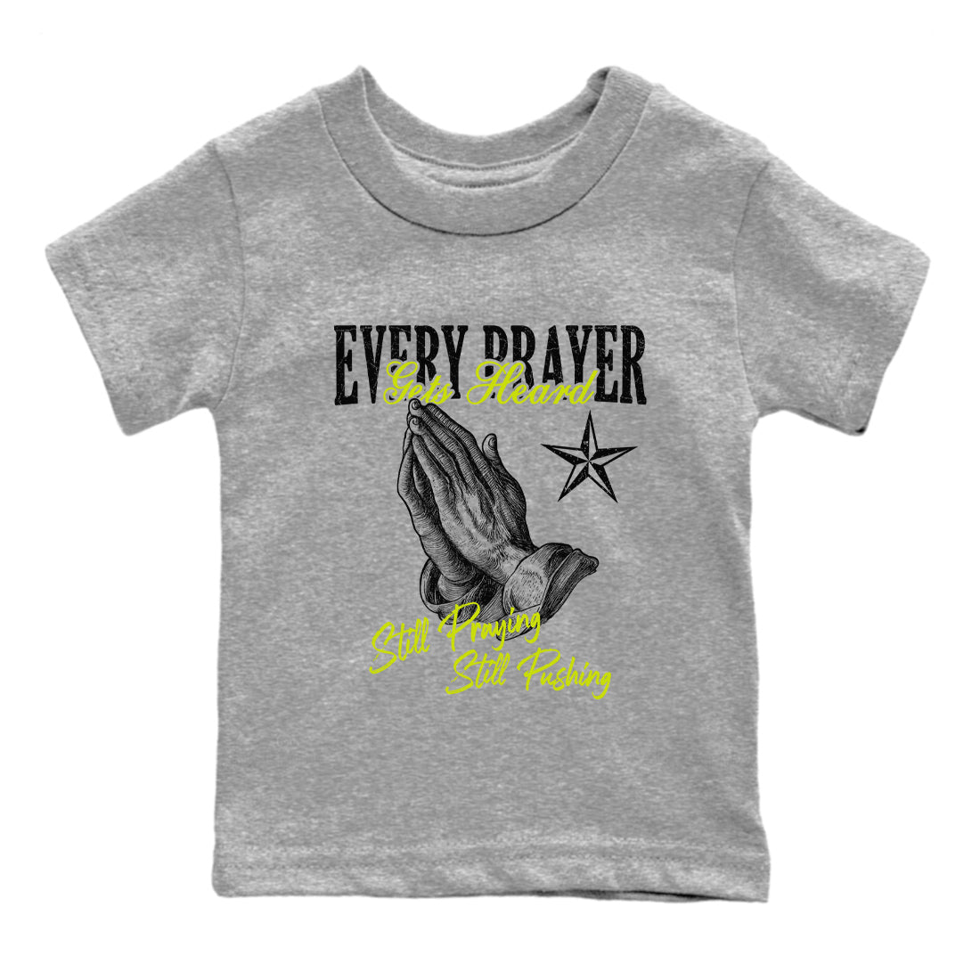 Every Prayer Gets Heard baby and kids t-shirt crafted for little sneakerheads to shine with the Jordan Jumpman Jack Travis Scott Bright Cactus sneakers, displayed in Heather Grey 2.