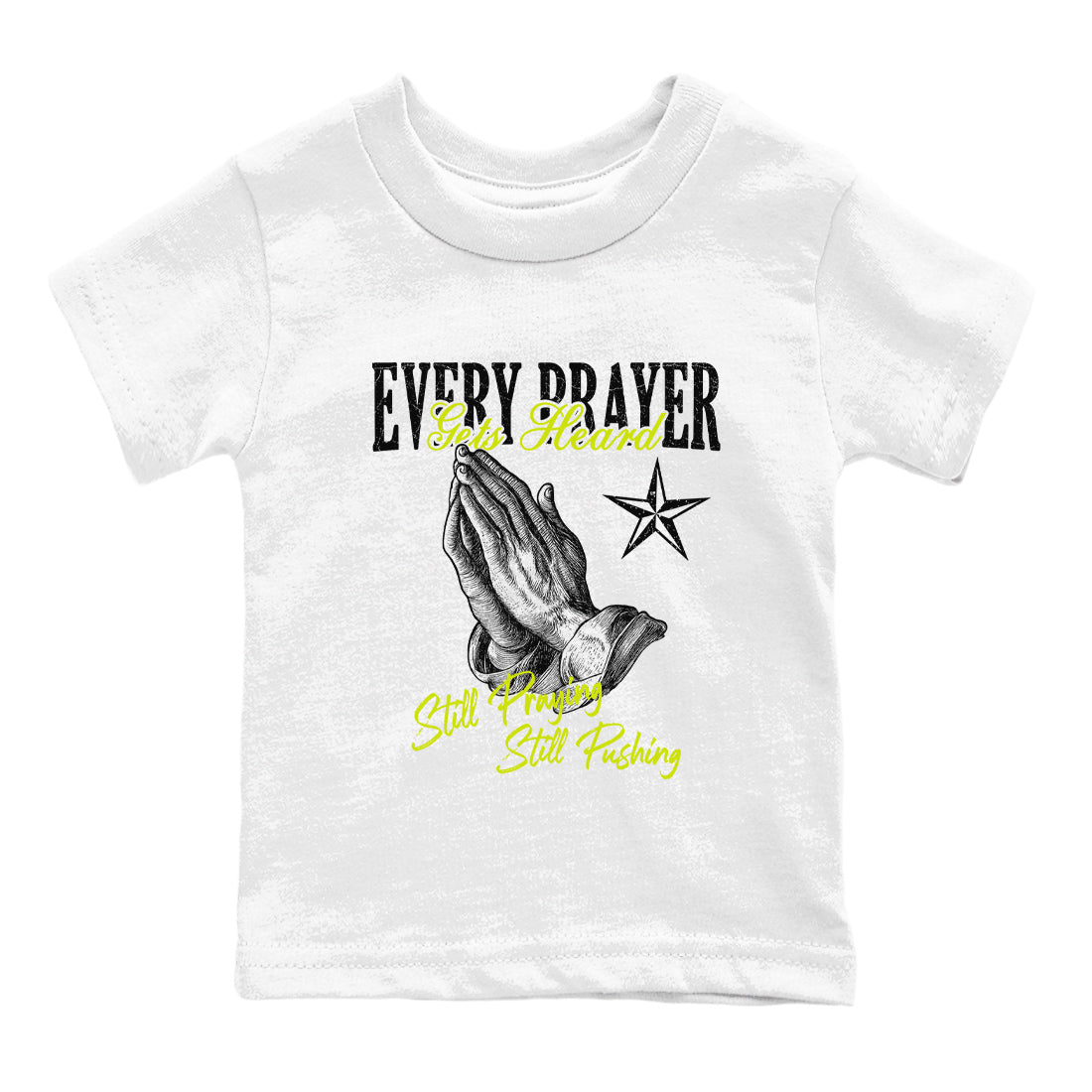Every Prayer Gets Heard baby and kids t-shirt crafted for little sneakerheads to shine with the Jordan Jumpman Jack Travis Scott Bright Cactus sneakers, displayed in White 2.