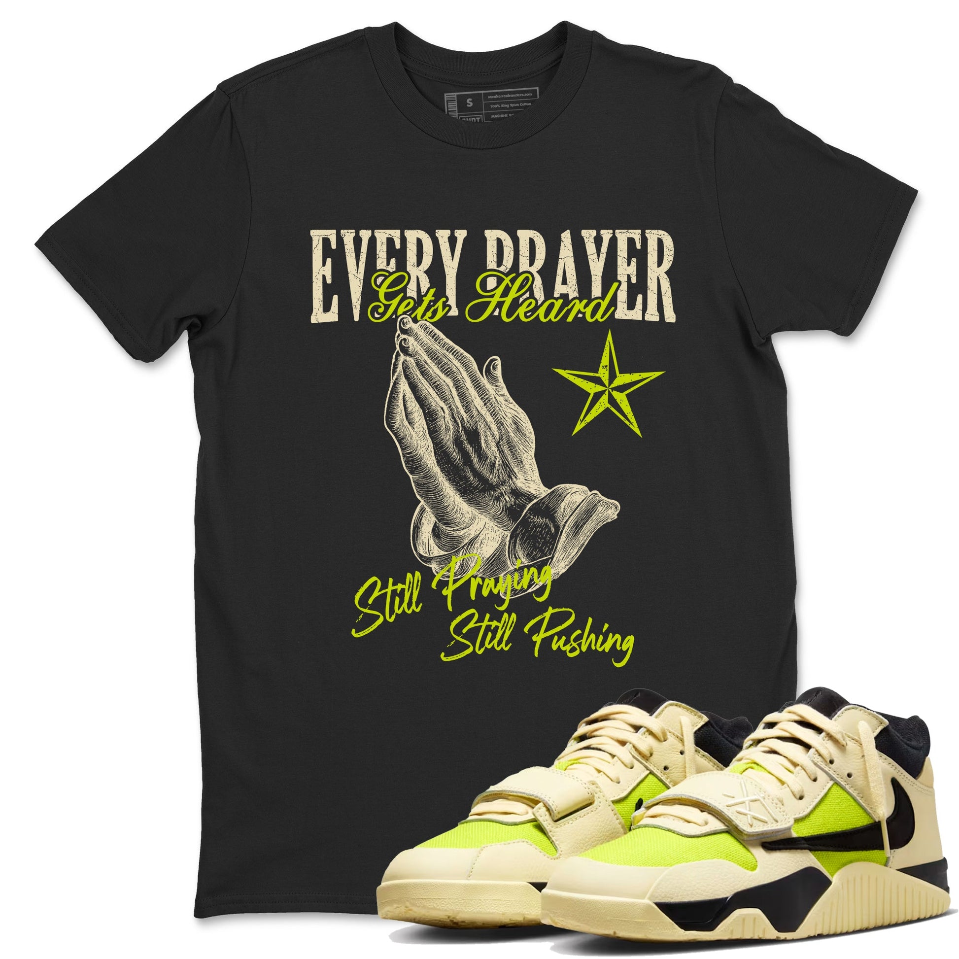 Every Prayer Gets Heard sneaker match t-shirt styled to complete your fit with the Jordan Jumpman Jack Travis Scott Bright Cactus sneakers, shown in Black 1.