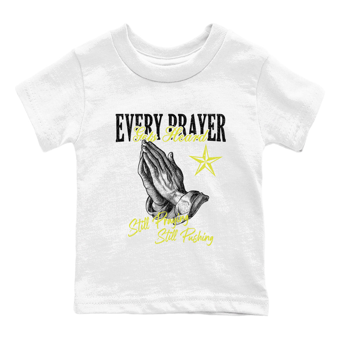 Every Prayer Gets Heard baby and kids t-shirt crafted for little sneakerheads to shine with the Air Max 90 Cyber sneakers, displayed in White 2.