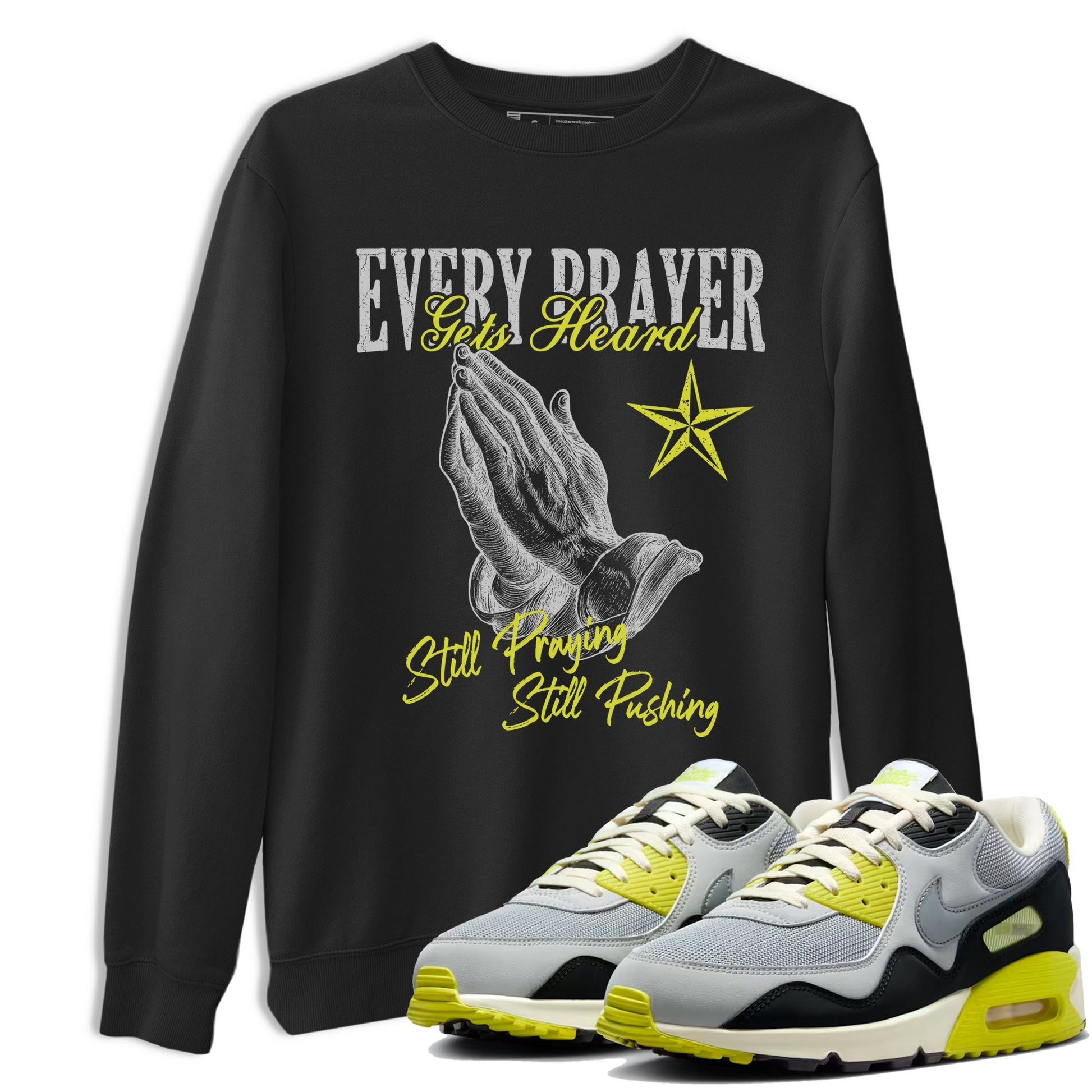 Every Prayer Gets Heard sneaker match t-shirt styled to complete your fit with the Air Max 90 Cyber sneakers, shown in Black 1.