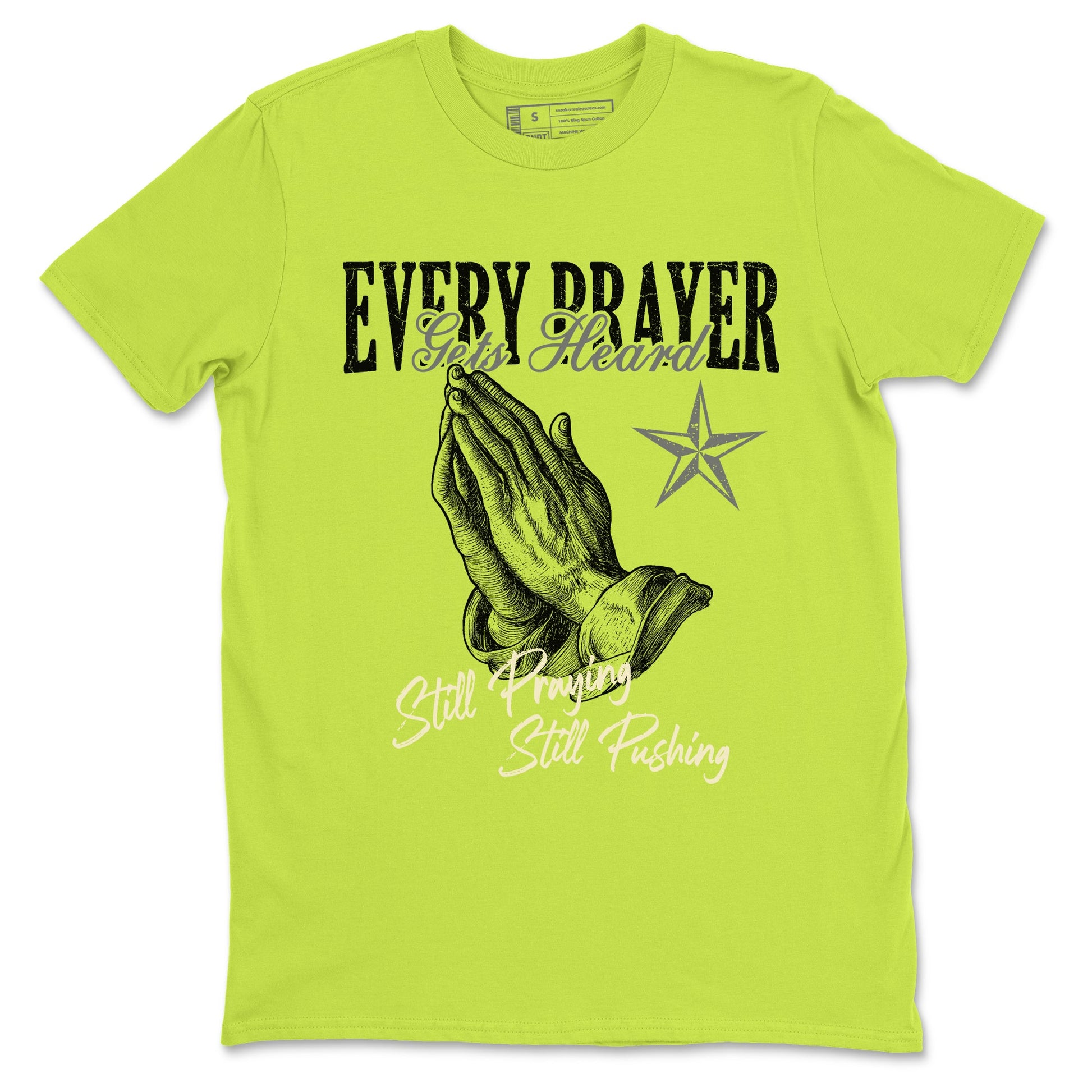 Every Prayer Gets Heard sneaker match t-shirt styled to complete your fit with the Air Max 90 Cyber sneakers, shown in Safety Green 2.