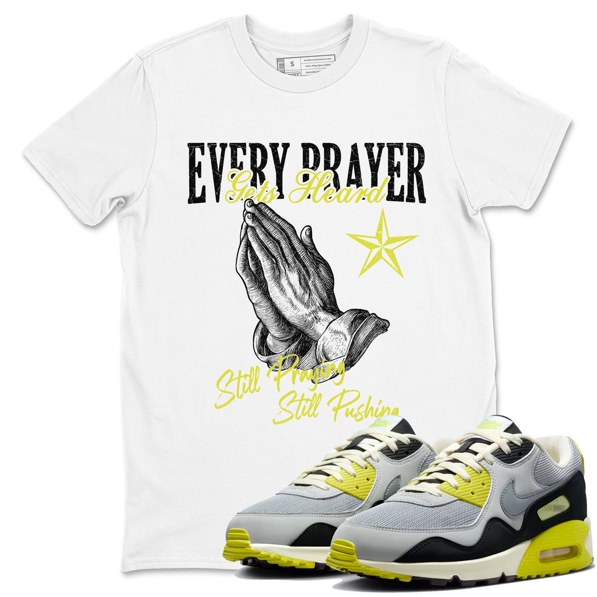 Every Prayer Gets Heard sneaker match t-shirt styled to complete your fit with the Air Max 90 Cyber sneakers, shown in White 1.