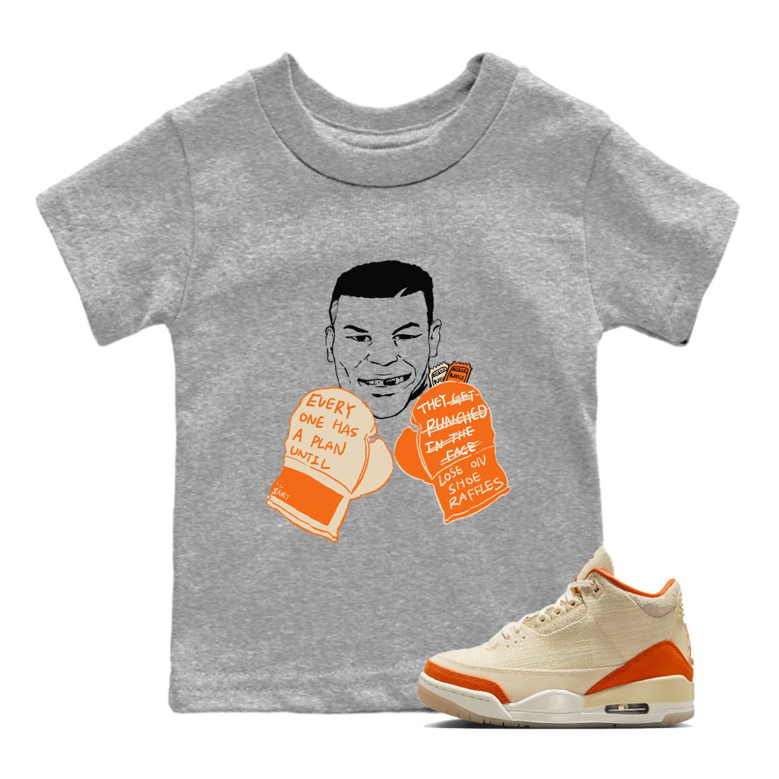 Everyone Has A Plan baby and kids t-shirt crafted for little sneakerheads to shine with the Air Jordan 3 Starfish sneakers, displayed in Heather Grey 1.