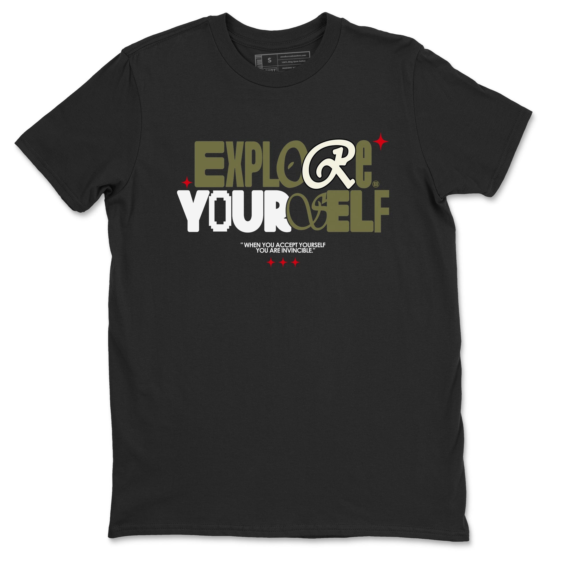 AJ1 Travis Scott Medium Olive shirts to match jordans Explore Yourself sneaker match tees Air Jordan 1 Travis Scott Medium Olive SNRT Sneaker Tees streetwear brand Black 2 unisex cotton tee