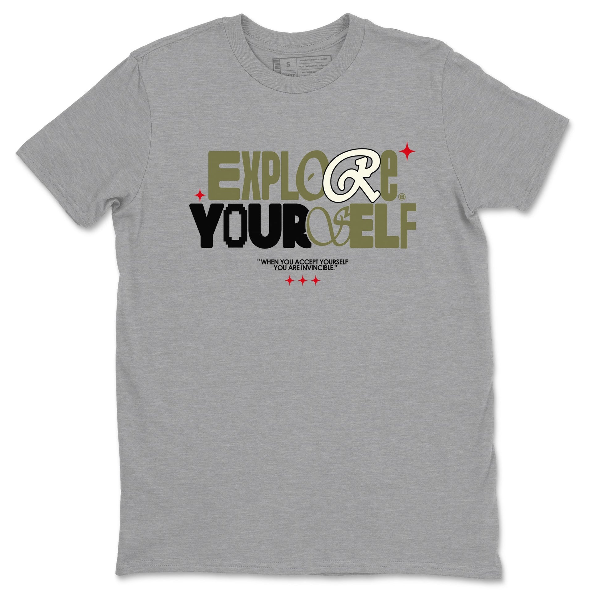 AJ1 Travis Scott Medium Olive shirts to match jordans Explore Yourself sneaker match tees Air Jordan 1 Travis Scott Medium Olive SNRT Sneaker Tees streetwear brand Heather Grey 2 unisex cotton tee