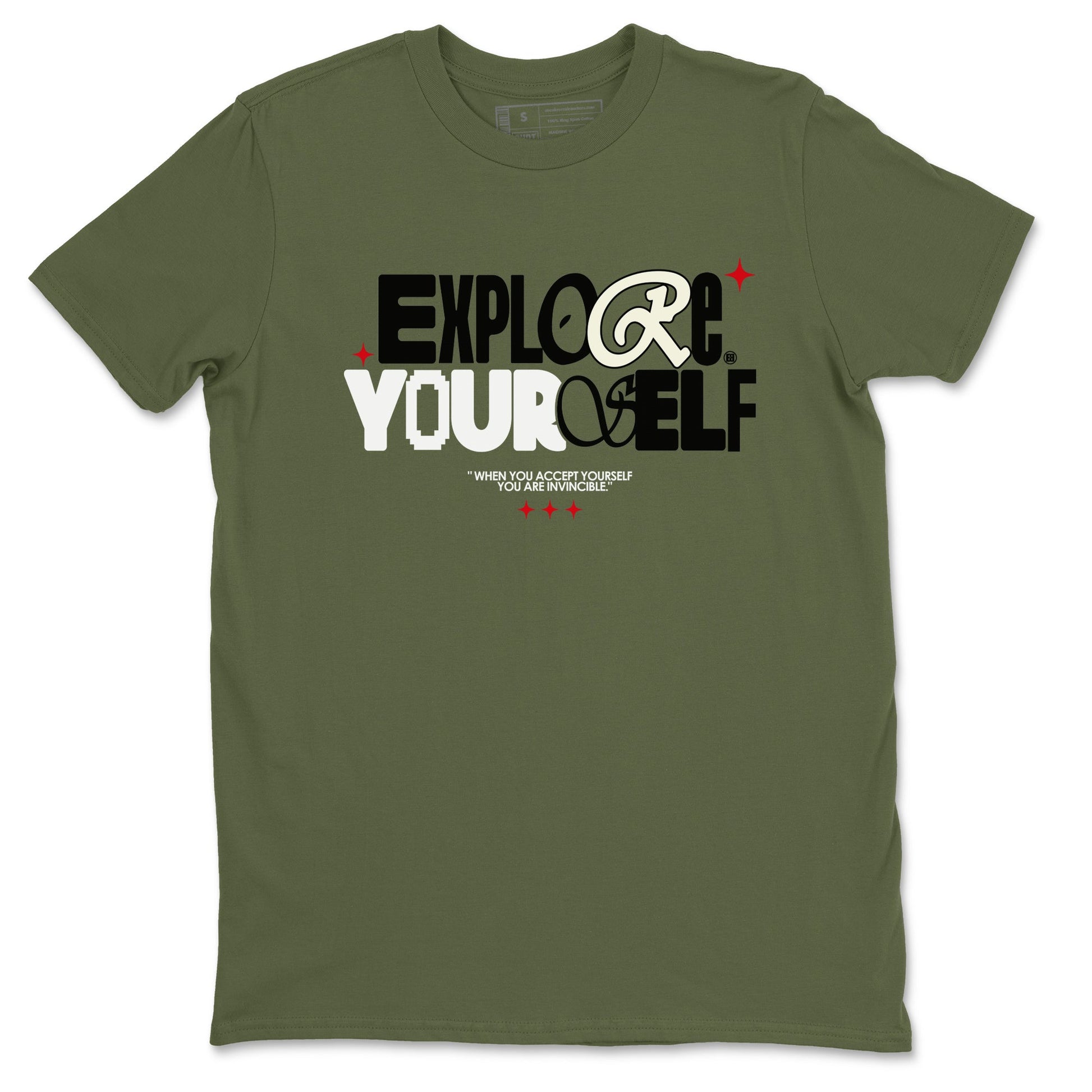 AJ1 Travis Scott Medium Olive shirts to match jordans Explore Yourself sneaker match tees Air Jordan 1 Travis Scott Medium Olive SNRT Sneaker Tees streetwear brand Military Green 2 unisex cotton tee