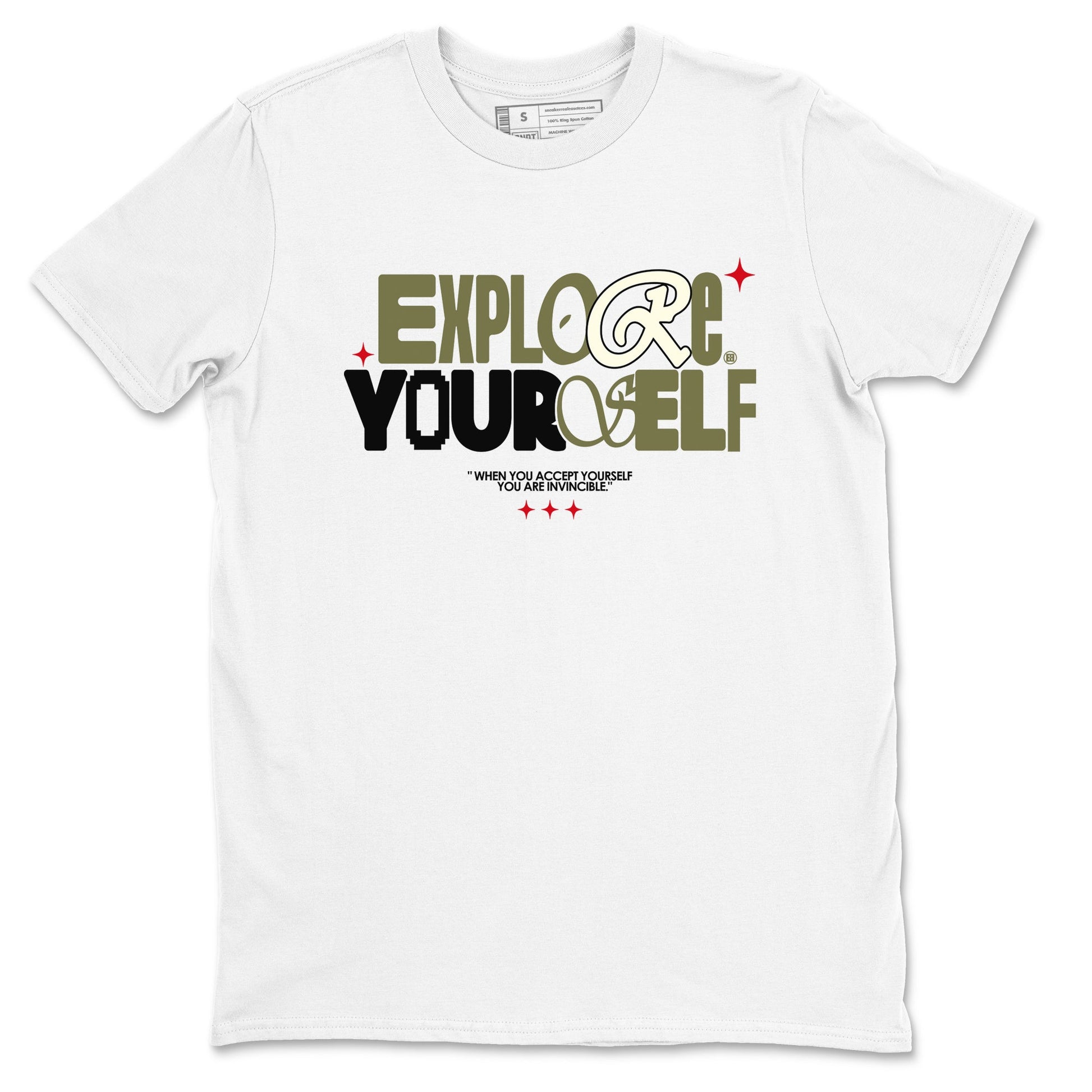 AJ1 Travis Scott Medium Olive shirts to match jordans Explore Yourself sneaker match tees Air Jordan 1 Travis Scott Medium Olive SNRT Sneaker Tees streetwear brand White 2 unisex cotton tee