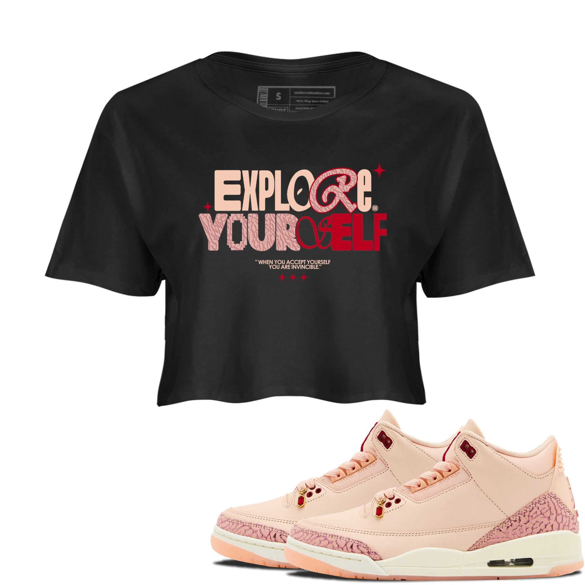 Air Jordan 3 "Treat Yourself" Washed Coral shirts to Special Valentine's Day Explore Yourself sneaker match tees Jordan 3 Valentine's Day best t shirts to wear with jordans SNRT Sneaker Tees Graphic Tee Black 1 crop tee