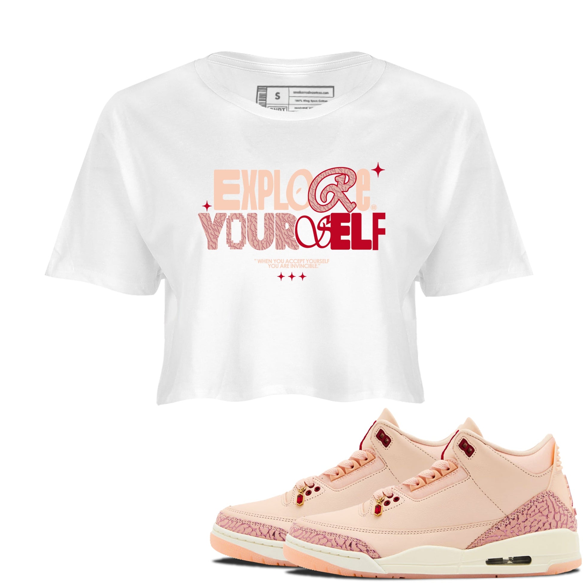 Air Jordan 3 "Treat Yourself" Washed Coral shirts to Special Valentine's Day Explore Yourself sneaker match tees Jordan 3 Valentine's Day best t shirts to wear with jordans SNRT Sneaker Tees Graphic Tee White 1 crop tee