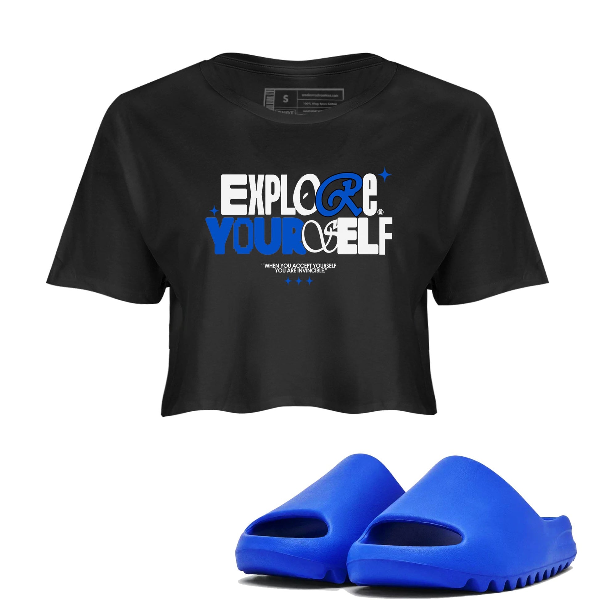 Yeezy Slide Azure shirts to match jordans Explore Yourself sneaker match tees Yeezy Slide Azure SNRT Sneaker Tees streetwear brand Black 1 crop tee