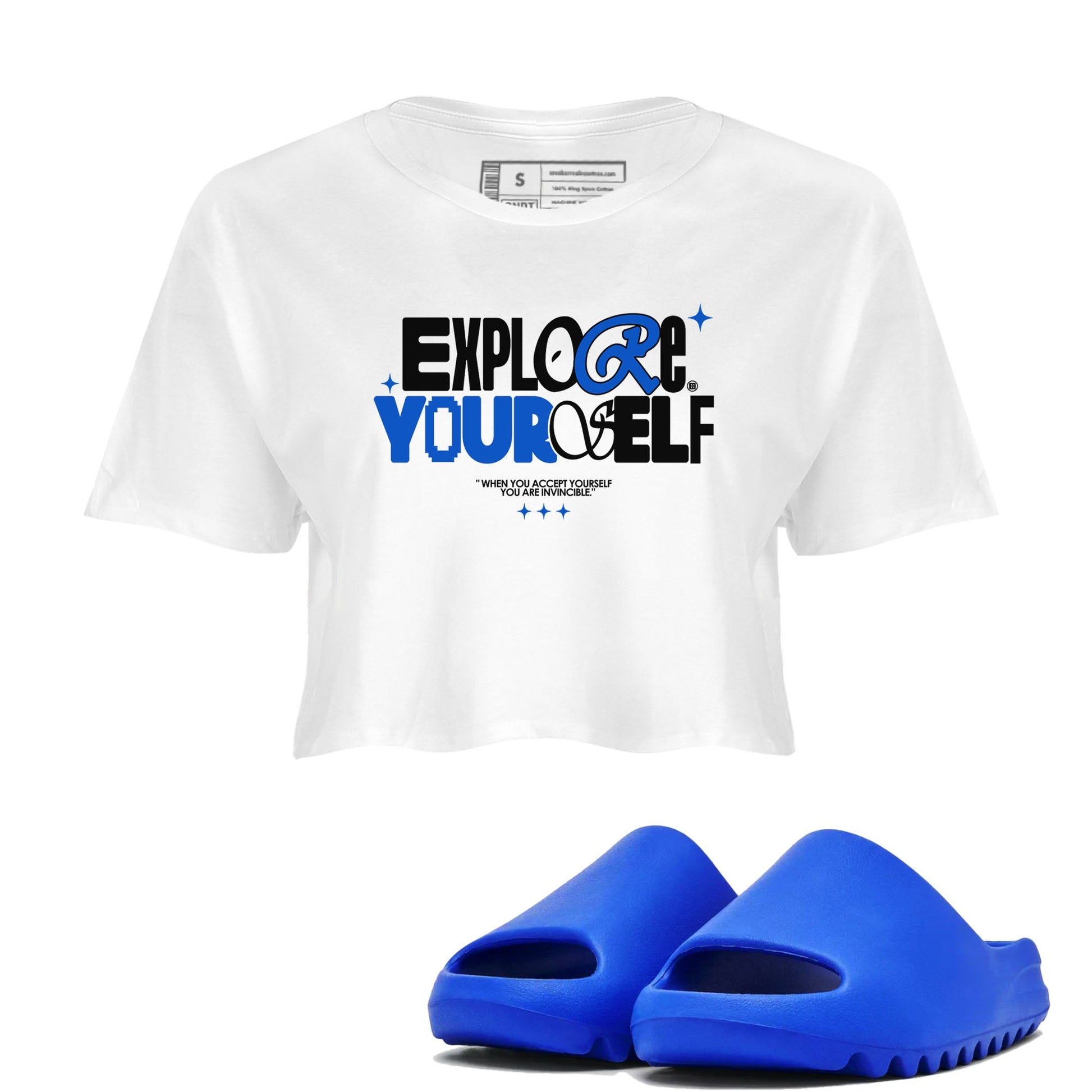 Yeezy Slide Azure shirts to match jordans Explore Yourself sneaker match tees Yeezy Slide Azure SNRT Sneaker Tees streetwear brand White 1 crop tee