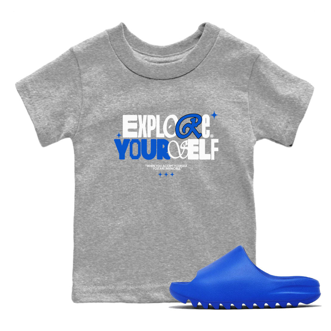 Yeezy Slide Azure shirts to match jordans Explore Yourself sneaker match tees Yeezy Slide Azure SNRT Sneaker Tees streetwear brand Baby and Youth Heather Grey 1 cotton tee