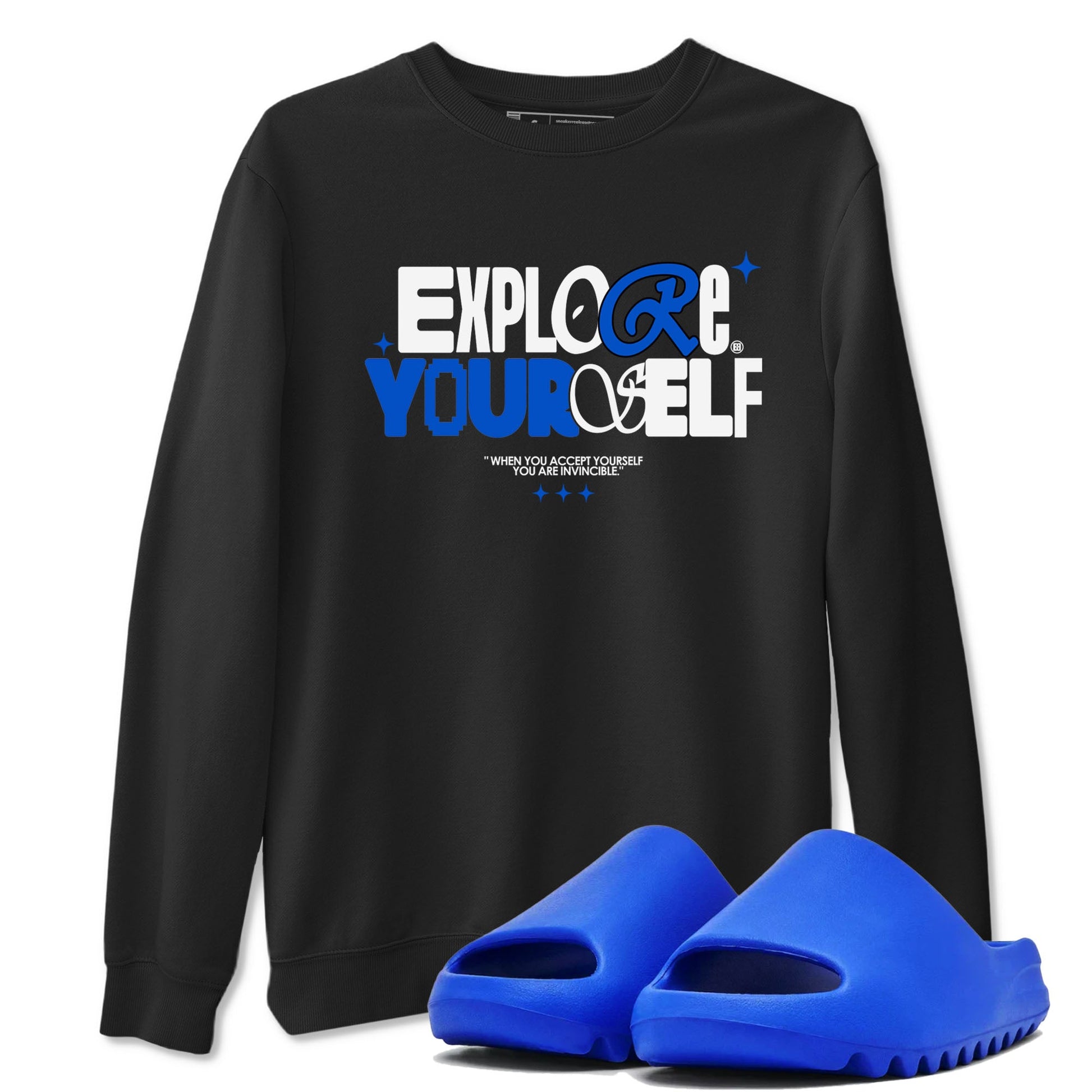 Yeezy Slide Azure shirts to match jordans Explore Yourself sneaker match tees Yeezy Slide Azure SNRT Sneaker Tees streetwear brand Black 1 unisex cotton tee