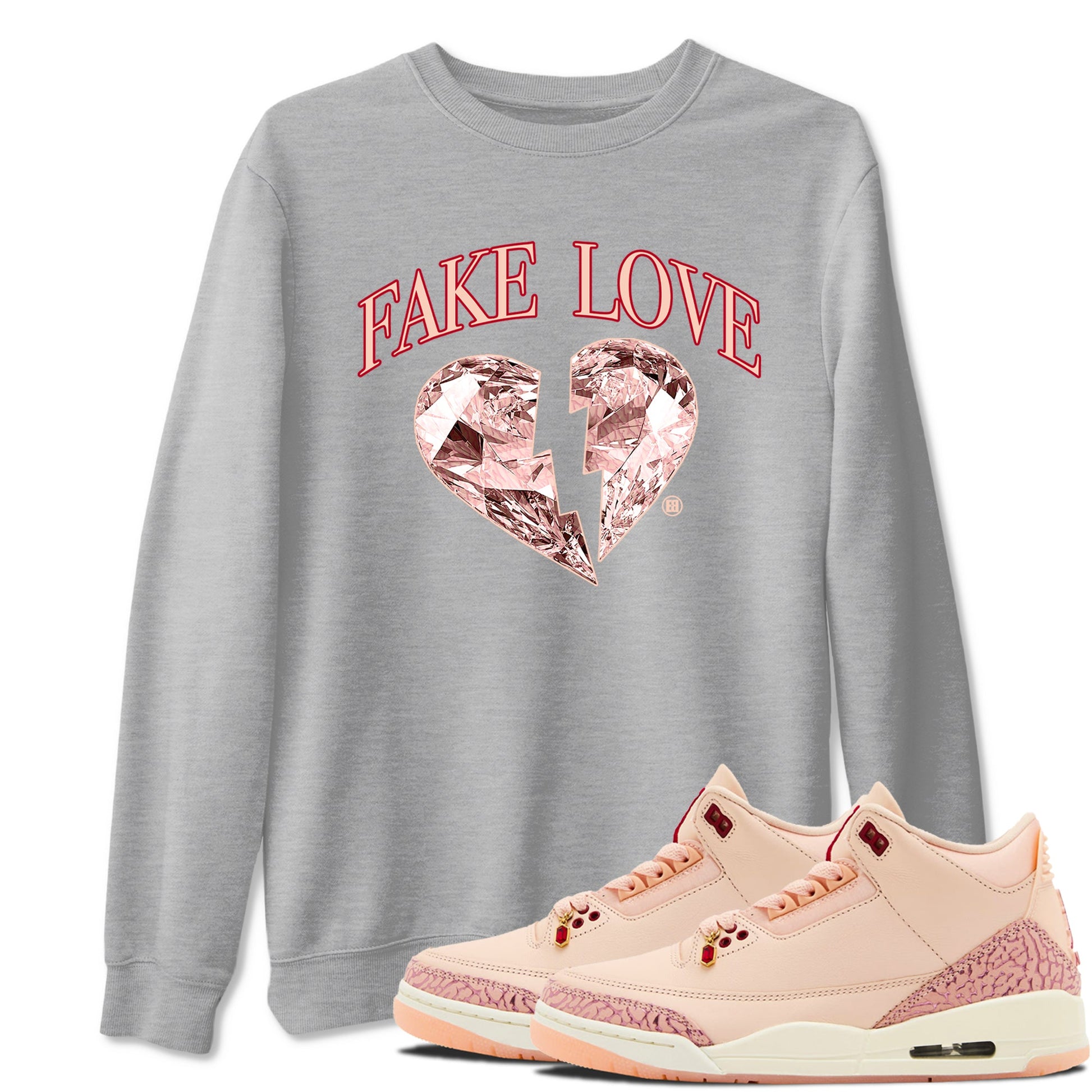 3s Valentines Day tee to match jordans Fake Love best t shirts to wear with jordans Air Jordan 3 "Treat Yourself" Washed Coral special Valentine's Day Gift SNRT Sneaker Tees Graphic Tee Heather Grey 1 shirts