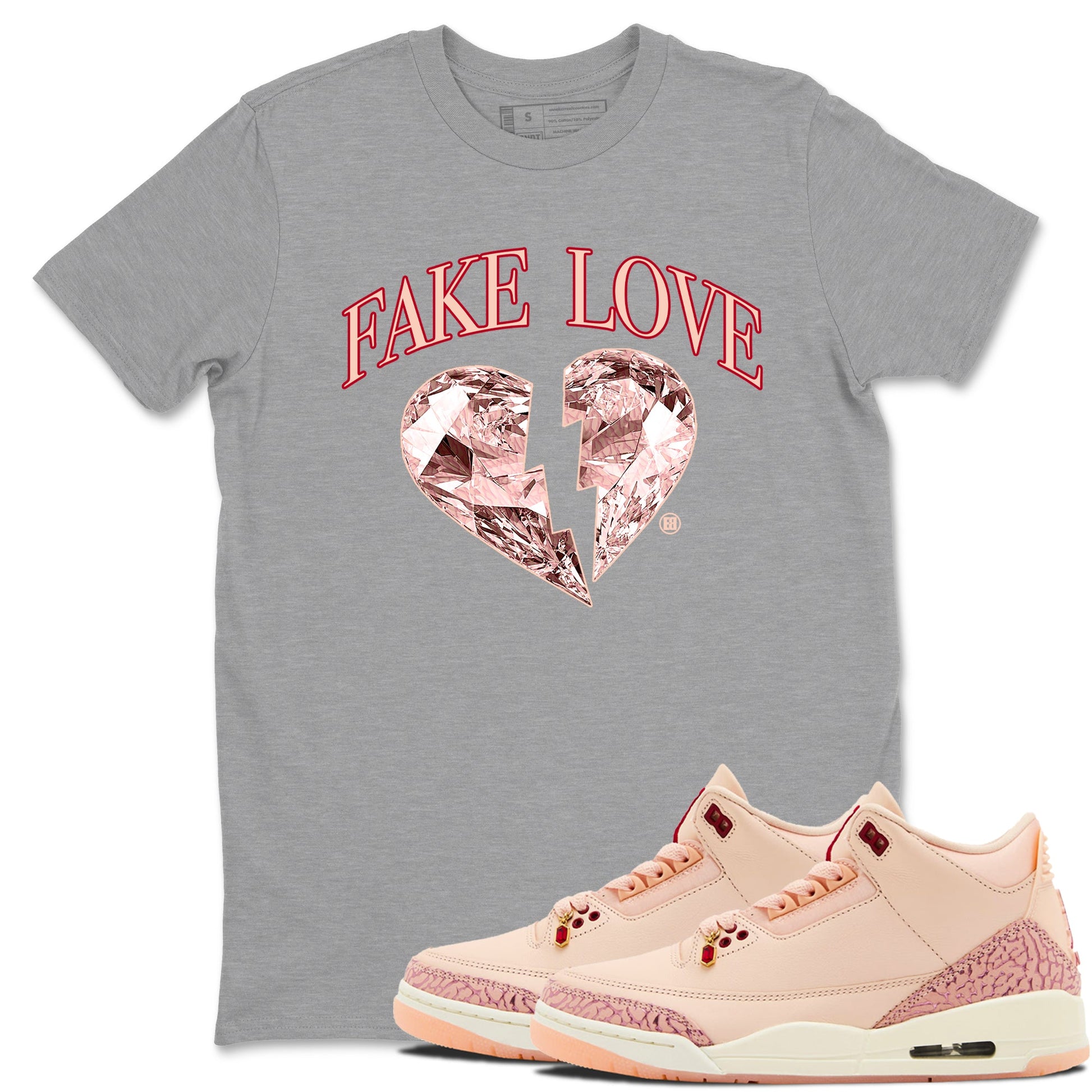 3s Valentines Day tee to match jordans Fake Love best t shirts to wear with jordans Air Jordan 3 "Treat Yourself" Washed Coral special Valentine's Day Gift SNRT Sneaker Tees Graphic Tee Heather Grey 1 shirts