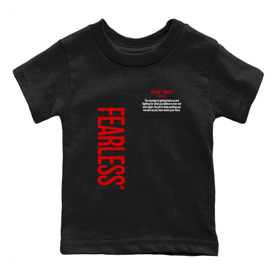 Fealess Definition baby and kids t-shirt crafted for little sneakerheads to shine with the Jordan 5 Retro Fire Red sneakers, displayed in Black 2.