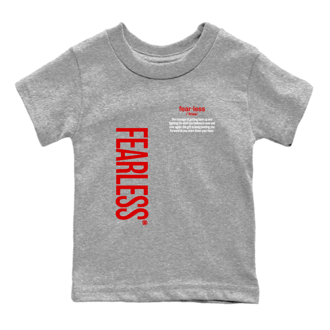 Fealess Definition baby and kids t-shirt crafted for little sneakerheads to shine with the Jordan 5 Retro Fire Red sneakers, displayed in Heather Grey 2.