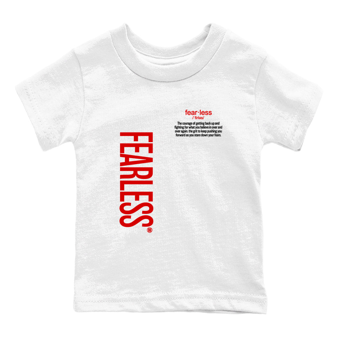 Fealess Definition baby and kids t-shirt crafted for little sneakerheads to shine with the Jordan 5 Retro Fire Red sneakers, displayed in White 2.