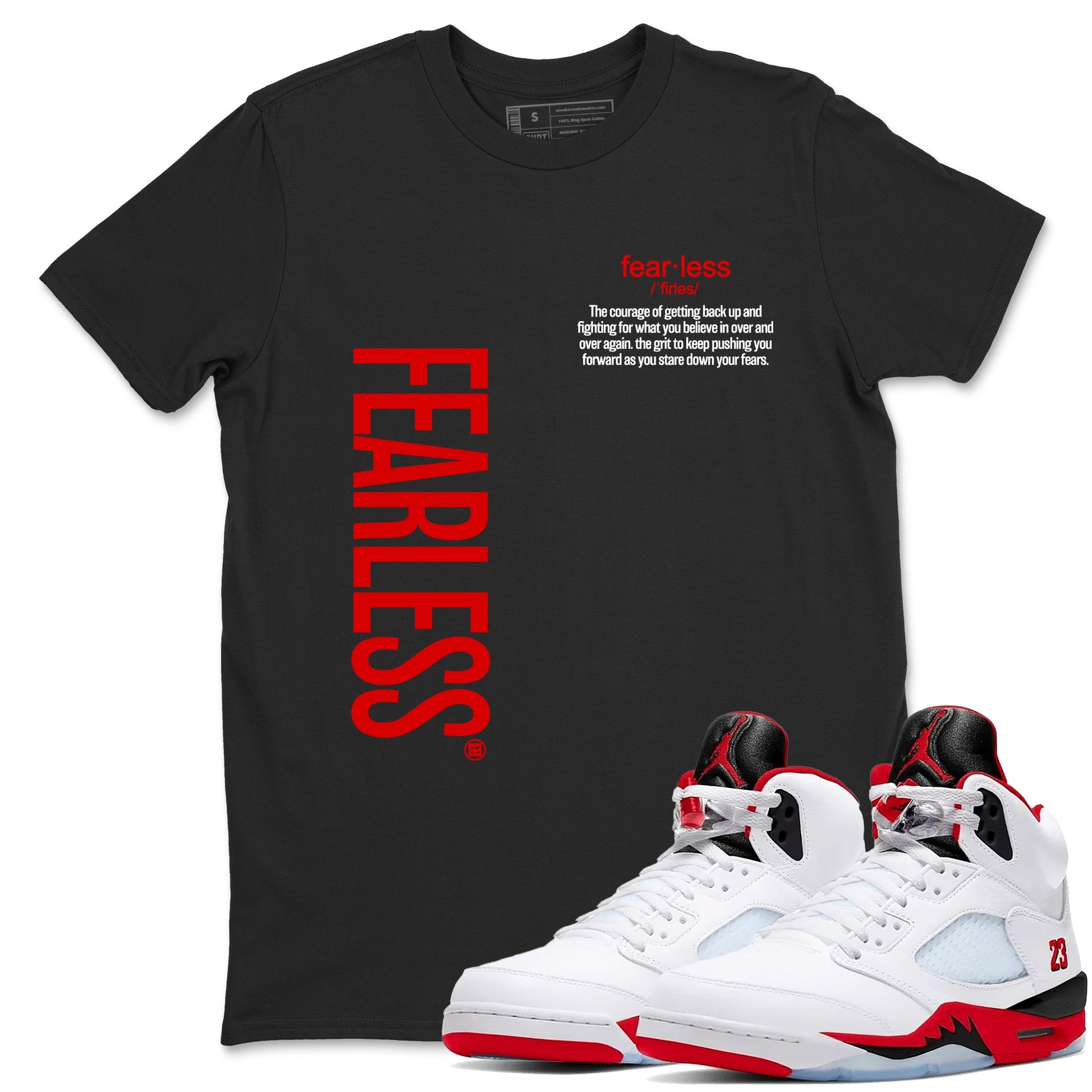 Fealess Definition sneaker match t-shirt t-shirts to match jordans, dunks, yeezys Jordan 5 Retro Fire Red sneakers, shown in Black 1.