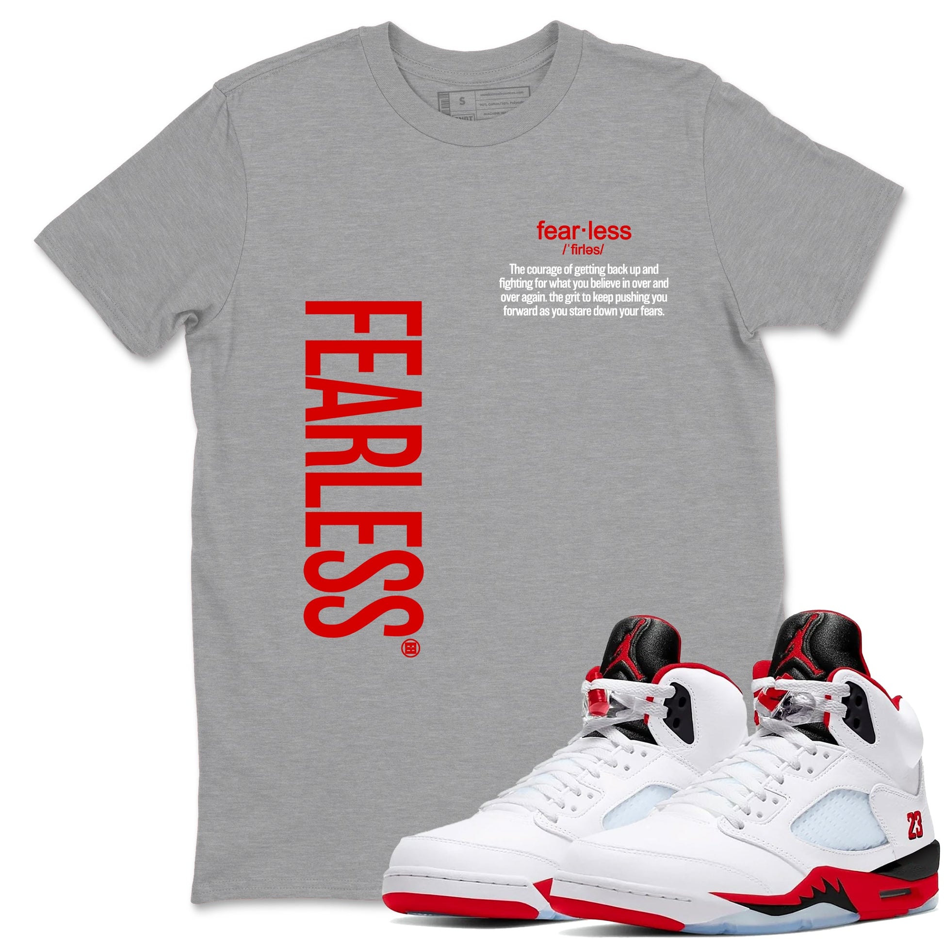 Fealess Definition sneaker match t-shirt t-shirts to match jordans, dunks, yeezys Jordan 5 Retro Fire Red sneakers, shown in Heather Grey 1.