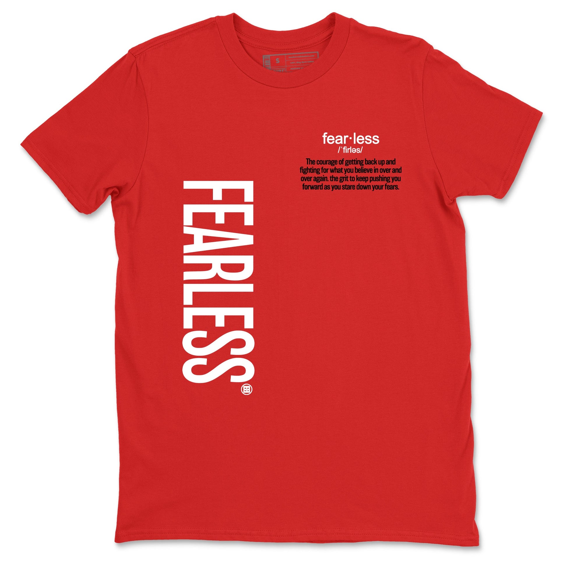 Fealess Definition sneaker match t-shirt t-shirts to match jordans, dunks, yeezys Jordan 5 Retro Fire Red sneakers, shown in Red 2.