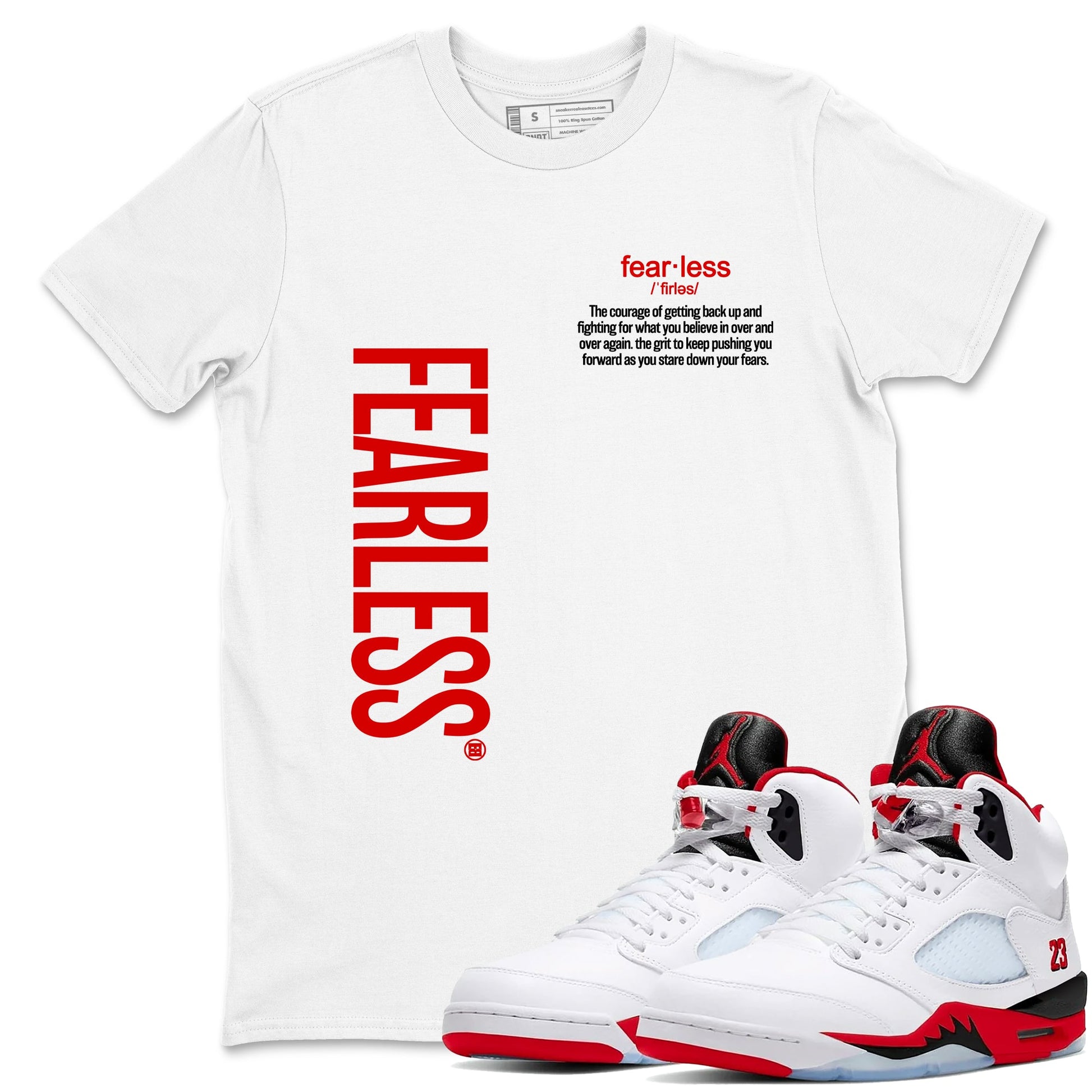 Fealess Definition sneaker match t-shirt t-shirts to match jordans, dunks, yeezys Jordan 5 Retro Fire Red sneakers, shown in White 1.