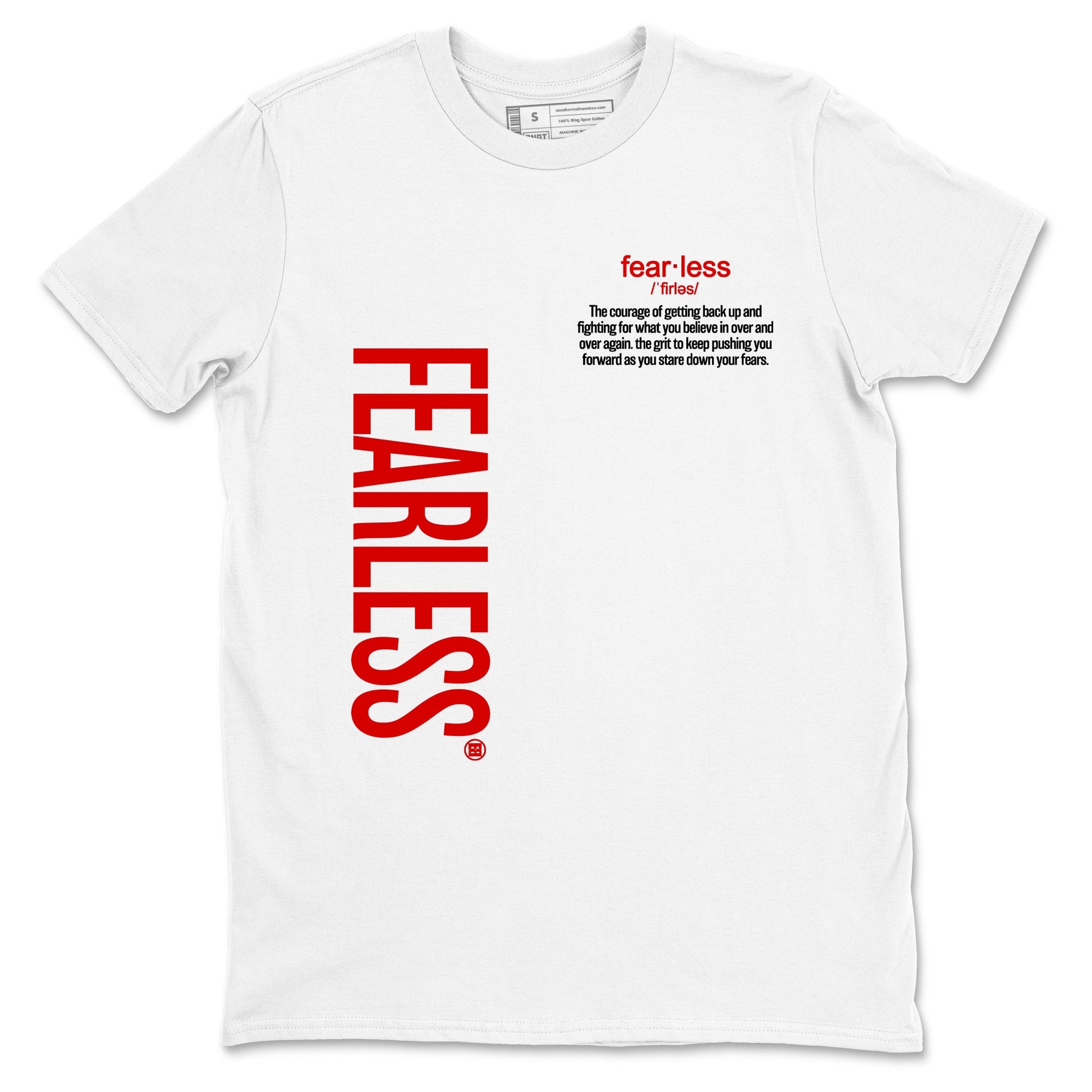 Fealess Definition sneaker match t-shirt t-shirts to match jordans, dunks, yeezys Jordan 5 Retro Fire Red sneakers, shown in White 2.