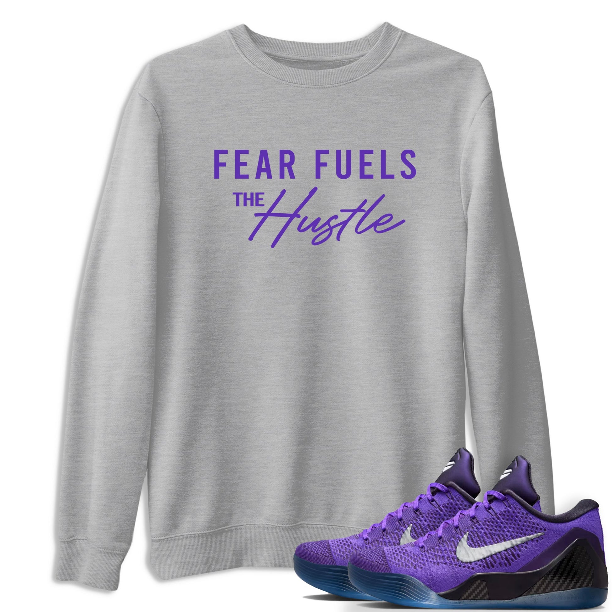 Sneaker Threads – Sneaker Tees To Match Nike KB 9 Hyper Grape – Fear Fuels The Hustle Graphic Tee Heather Grey 1. Perfect for Jordan releases 2025 colorways. Perfect for purple basketball sneaker releases and legacy-inspired colorways for 2025 hoopers.